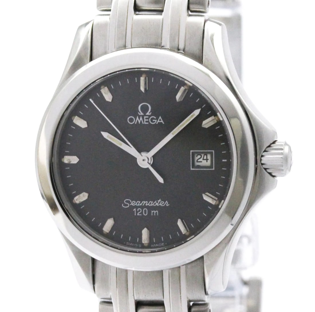 Omega Seamaster 120m Ladies Watch Ref. 2571.41 Steel Bracelet Card: Omega Seamaster 120m Ladies Watch Ref. 2571.41 Steel Bracelet Card Omega Seamaster 120m ladies wristwatch featuring a dark gray dial and a smooth bezel on a stainless steel bracelet. This watch is ide