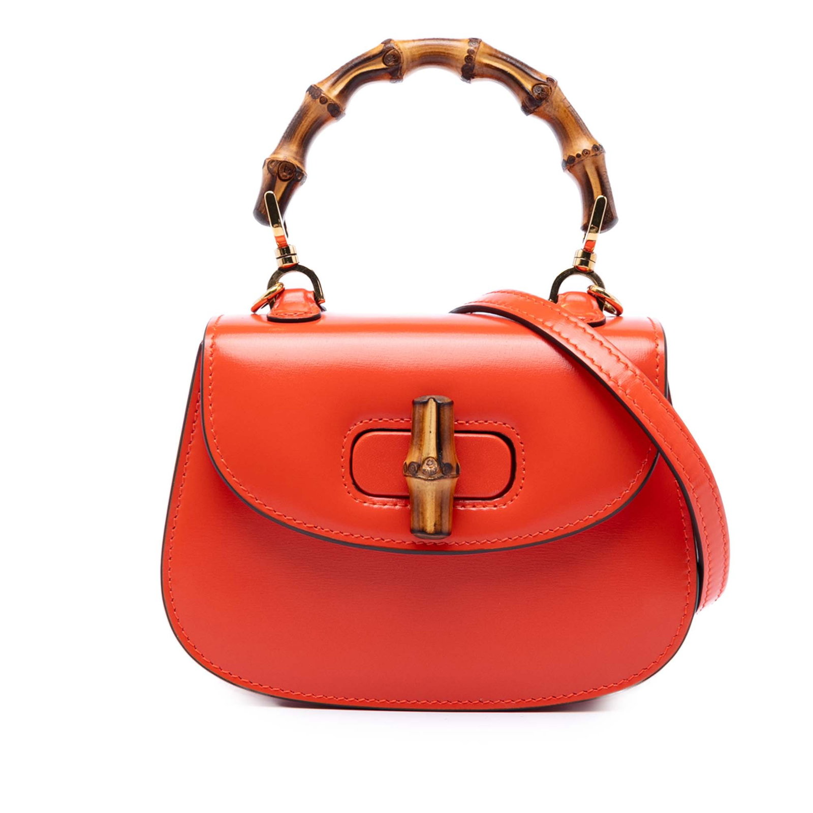 Gucci 1947 Bamboo Mini Leather Top Handle Satchel: Gucci 1947 Bamboo Mini Leather Top Handle Satchel Compact and structured, this Gucci 1947 Bamboo Top Handle Bag is crafted in orange calfskin leather and finished with the collection's signature bambo