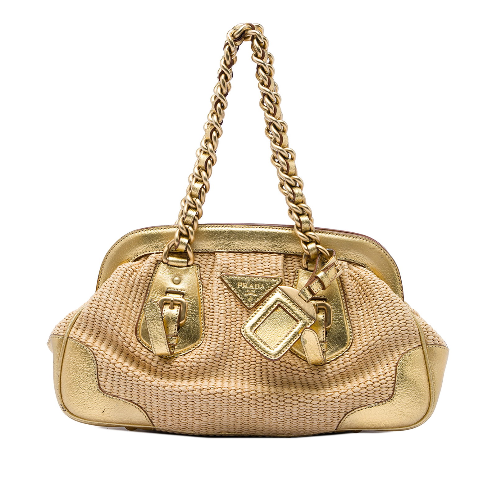 Prada Cinghiale Paglia Shoulder Bag with Straw Body: Prada Cinghiale Paglia Shoulder Bag with Straw Body Prada Cinghiale Trimmed Paglia shoulder bag with a straw body, pigskin leather trim, and gold tone chain straps. The bag features an open top with m
