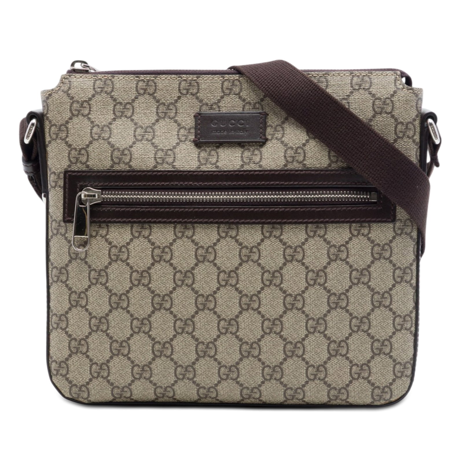 Gucci GG Supreme beige coated canvas crossbody bag: Gucci GG Supreme beige coated canvas crossbody bag Gucci GG Supreme crossbody bag crafted with a coated canvas body and leather trim. It features an adjustable flat canvas strap, a top zip closure, on