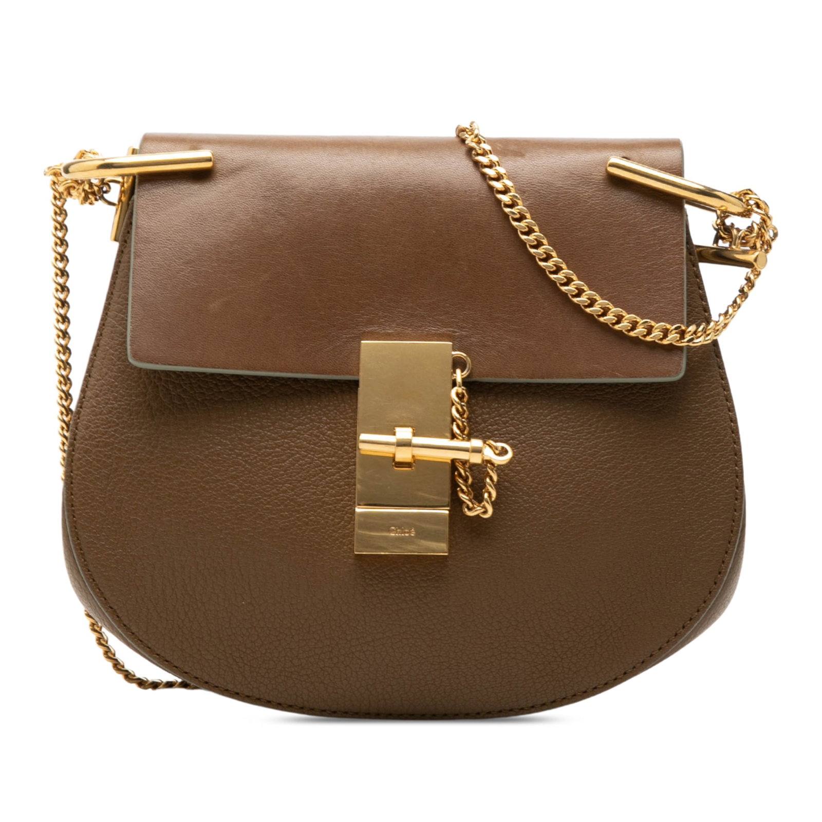 Chloe Drew Mini Leather Crossbody Bag Brown: Chloe Drew Mini Leather Crossbody Bag Brown Mini Drew crossbody bag crafted in smooth and grained calfskin leather with a chain link strap, front flap, pin-lock closure, and an interior slip pocket. M