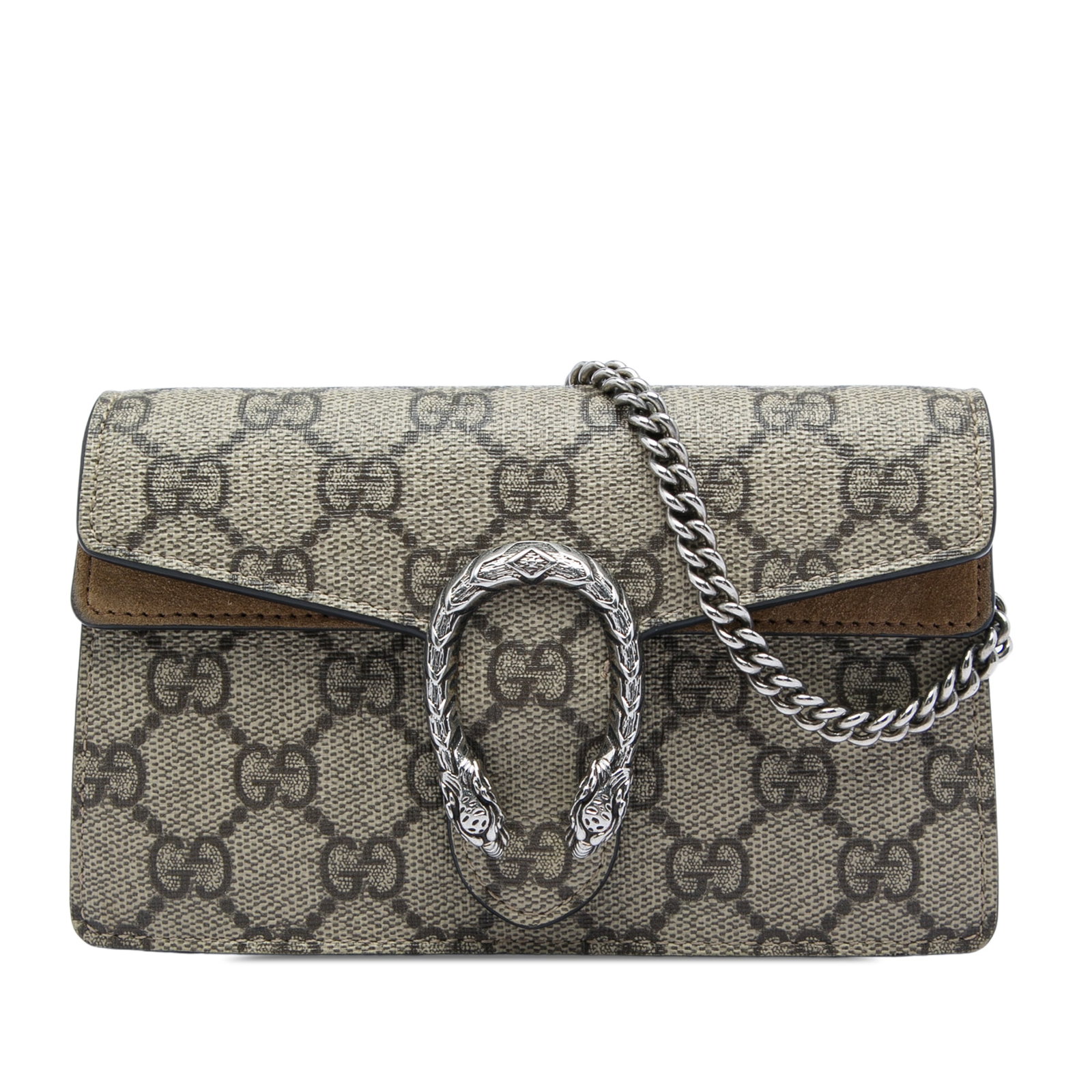 Gucci Dionysus Mini GG Supreme Crossbody Bag: Gucci Dionysus Mini GG Supreme Crossbody Bag Gucci Mini GG Supreme Dionysus Crossbody in beige with a coated canvas body, suede leather trim, chain link shoulder strap, and top flap with magnetic snap