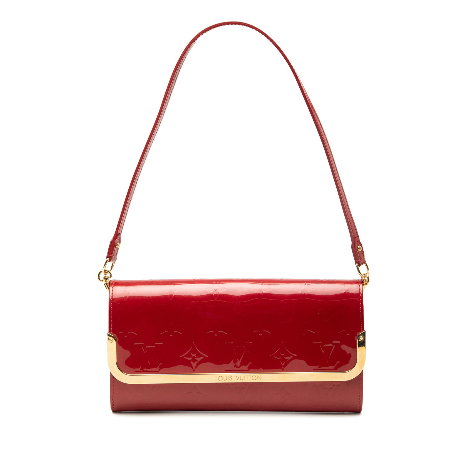 Louis Vuitton Rossmore MM Monogram Vernis Leather Shoulder Bag: Louis Vuitton Rossmore MM Monogram Vernis Leather Shoulder Bag Louis Vuitton Monogram Vernis Rossmore MM in red vernis leather with a front flap design, a flat leather strap, an exterior back slip poc
