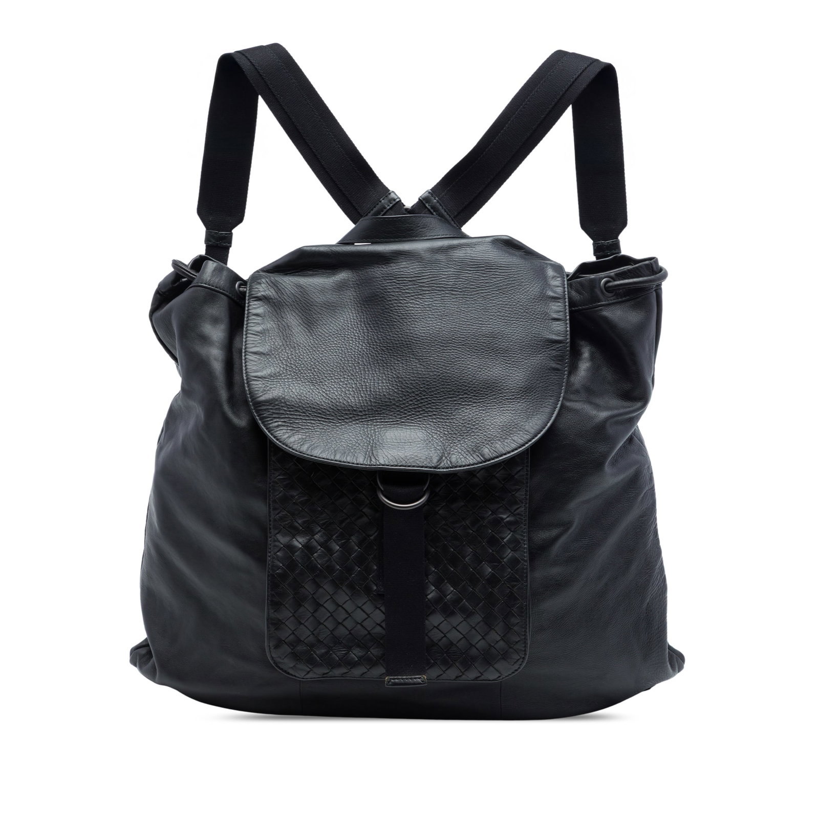 Bottega Veneta Intrecciato Leather Backpack with Drawstring Flap: Bottega Veneta Intrecciato Leather Backpack with Drawstring Flap Bottega Veneta drawstring backpack in black leather with Intrecciato woven trim. The design features a flat top handle, adjustable back