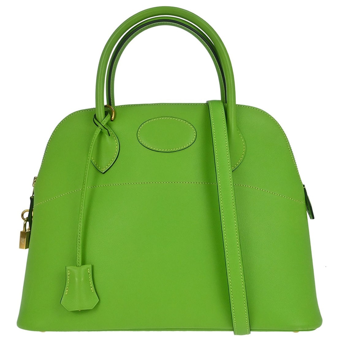 HERMES Bolide 31 Green Leather Satchel with Strap and Padlock: HERMES Bolide 31 Green Leather Satchel with Strap and Padlock Hermes Bolide 31 2-way handbag in apple green Gulliver leather with double handles, zip closure, and silver-color hardware. Made in France