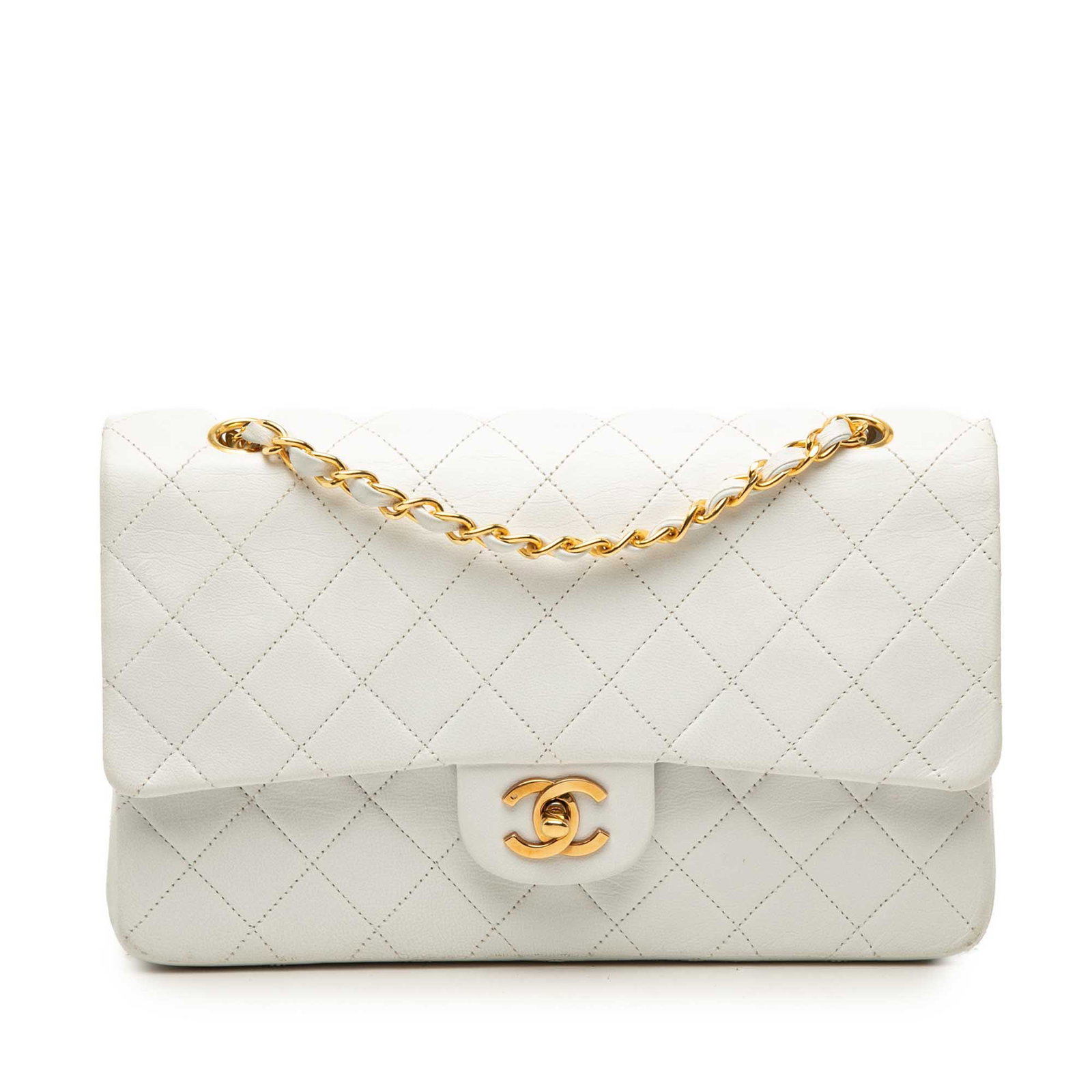Chanel Medium Classic Double Flap White Lambskin Shoulder Bag: Chanel Medium Classic Double Flap White Lambskin Shoulder Bag A Chanel Medium Classic Lambskin Double Flap shoulder bag crafted in white quilted lambskin leather. It features leather-woven chain link 