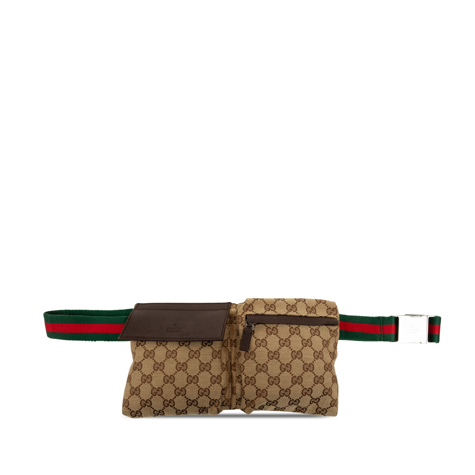 Gucci GG Canvas Waist Bag with Web Strap and Dual Pockets: Gucci GG Canvas Waist Bag with Web Strap and Dual Pockets Gucci belt bag in beige GG canvas with leather trim and a flat web canvas belt strap. The design includes front flap and zip compartments alon