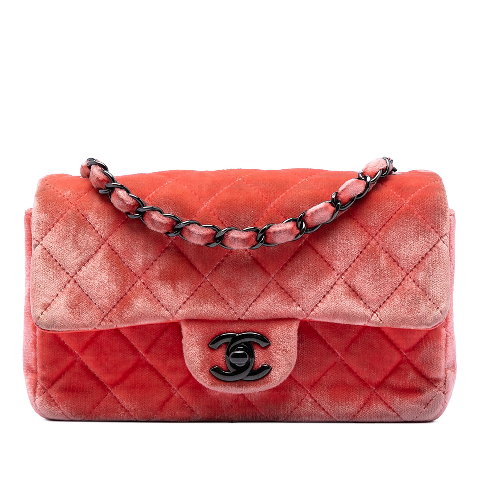 Chanel Mini Rectangular Classic Flap Crossbody in Orange Velvet: Chanel Mini Rectangular Classic Flap Crossbody in Orange Velvet Chanel Mini Rectangular Classic Velvet Single Flap crossbody bag in orange quilted velvet. It features a velvet-woven chain shoulder str