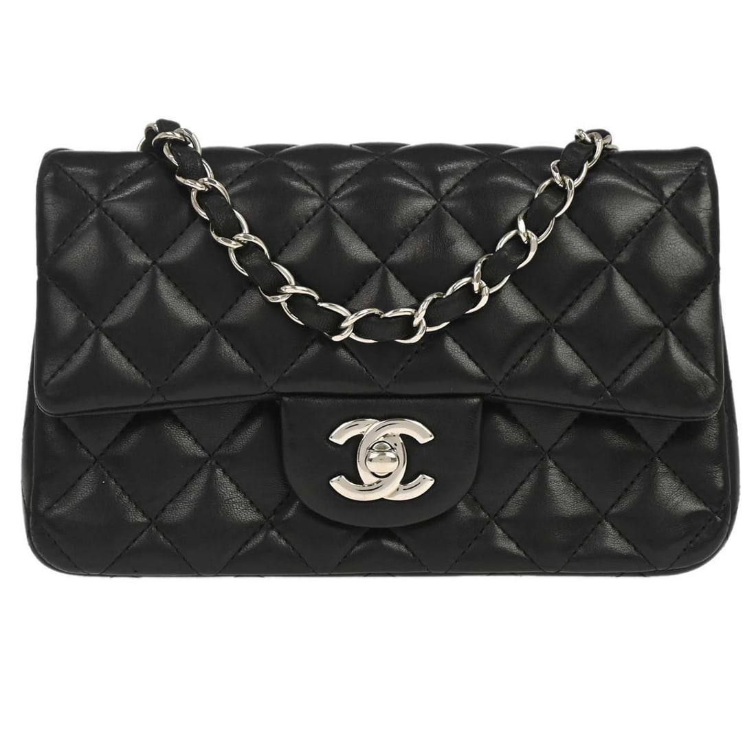 CHANEL Classic Flap small black lambskin shoulder bag: CHANEL Classic Flap small black lambskin shoulder bag Chanel black lambskin shoulder bag with a matelasse quilted exterior, flap turnlock closure, and chain crossbody strap. The bag features an exteri