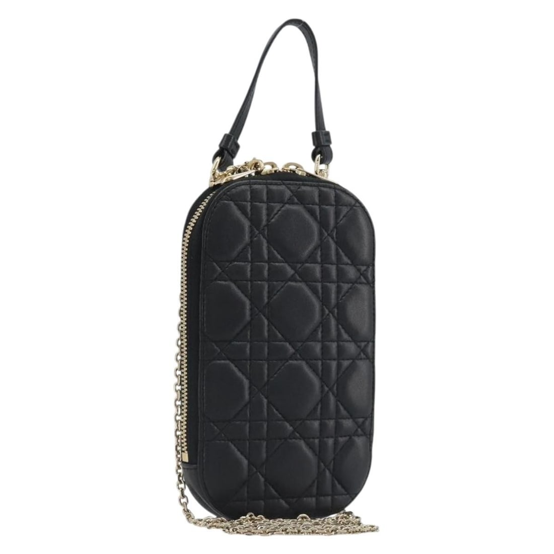Christian Dior Cannage Leather Phone Holder Shoulder Bag Black Gold: Christian Dior Cannage Leather Phone Holder Shoulder Bag Black Gold Christian Dior Cannage phone holder in black leather with gold-tone accents. This women's shoulder bag includes a dust bag and is ma