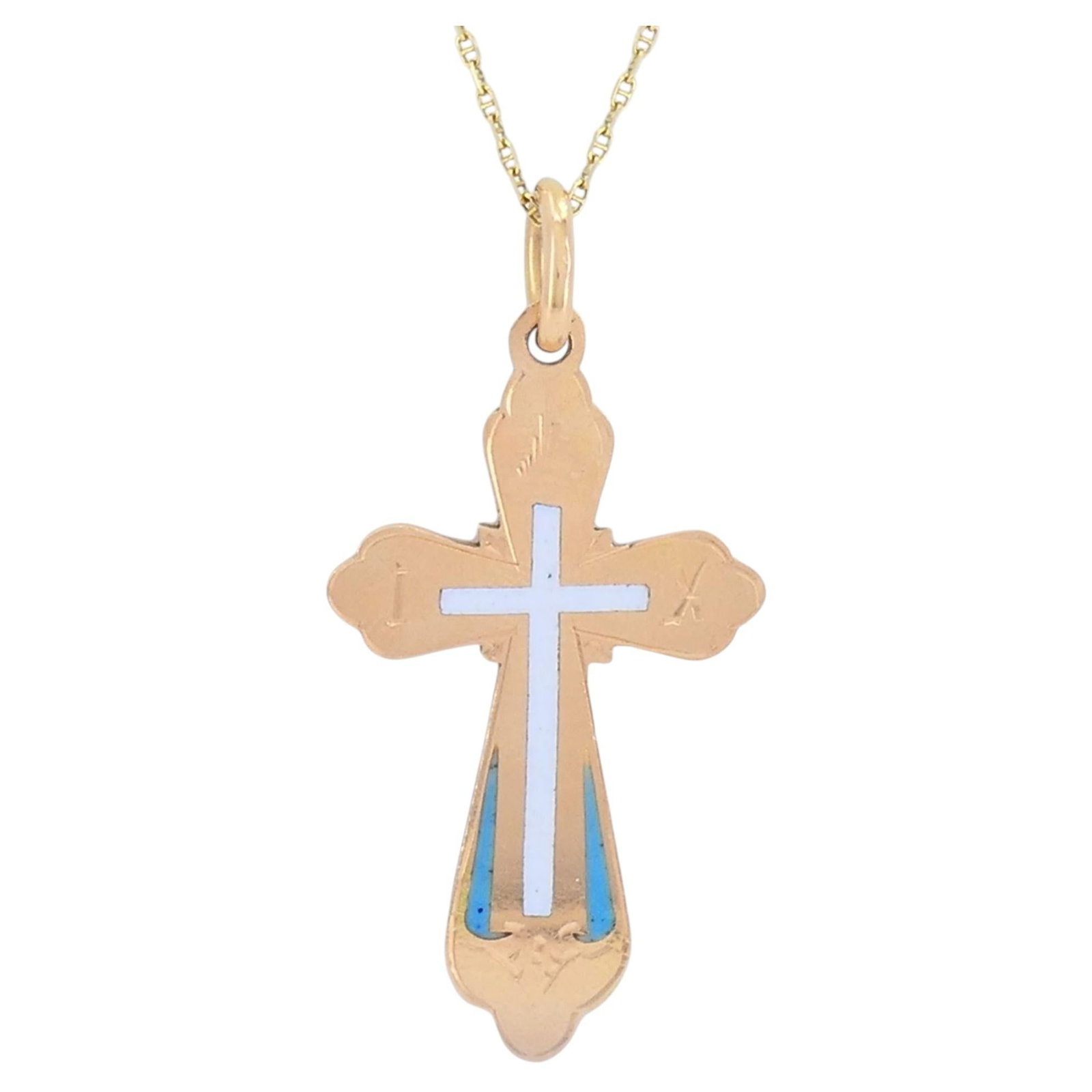 Antique 14k Gold Cross Pendant Necklace with Blue White Enamel: Antique 14k Gold Cross Pendant Necklace with Blue White Enamel Antique 14k rose gold cross pendant necklace with blue and white enamel detailing. The cross pendant features white enamel inlay at the c