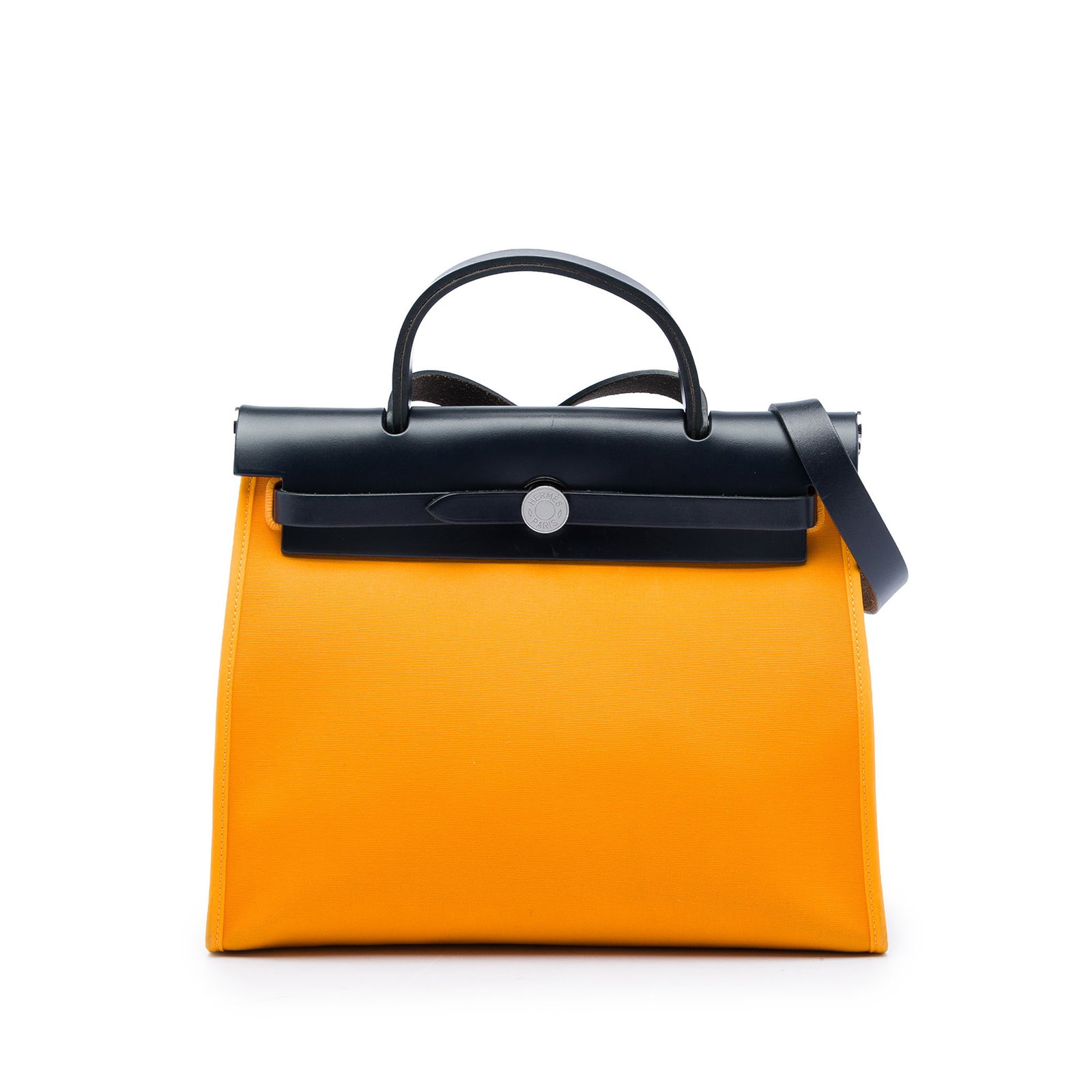 Hermes Herbag Zip 31 Toile Verso shoulder bag yellow: Hermes Herbag Zip 31 Toile Verso shoulder bag yellow The Hermes Toile Verso Herbag Zip 31 is a structured bag with a fabric body, flat leather top handle, and flat leather shoulder strap. It features 