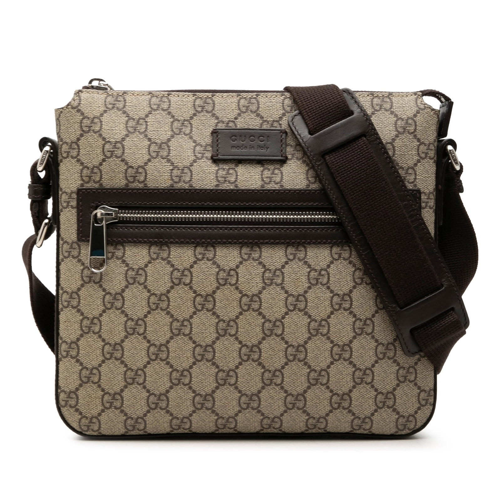 Gucci GG Supreme beige coated canvas crossbody bag: Gucci GG Supreme beige coated canvas crossbody bag Gucci GG Supreme crossbody bag with a coated canvas body and leather trim. It features an adjustable flat strap, a top zip closure, an exterior zip p