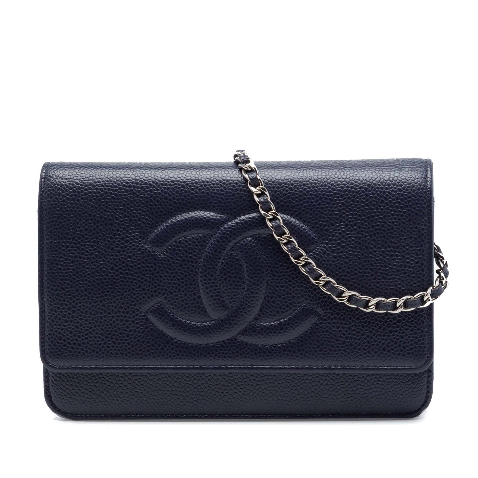 Chanel CC Caviar Wallet on Chain Blue Leather Bag: Chanel CC Caviar Wallet on Chain Blue Leather Bag Chanel CC Caviar Wallet On Chain in blue caviar leather with a leather-woven chain strap and top flap snap closure. The interior includes zip and slip