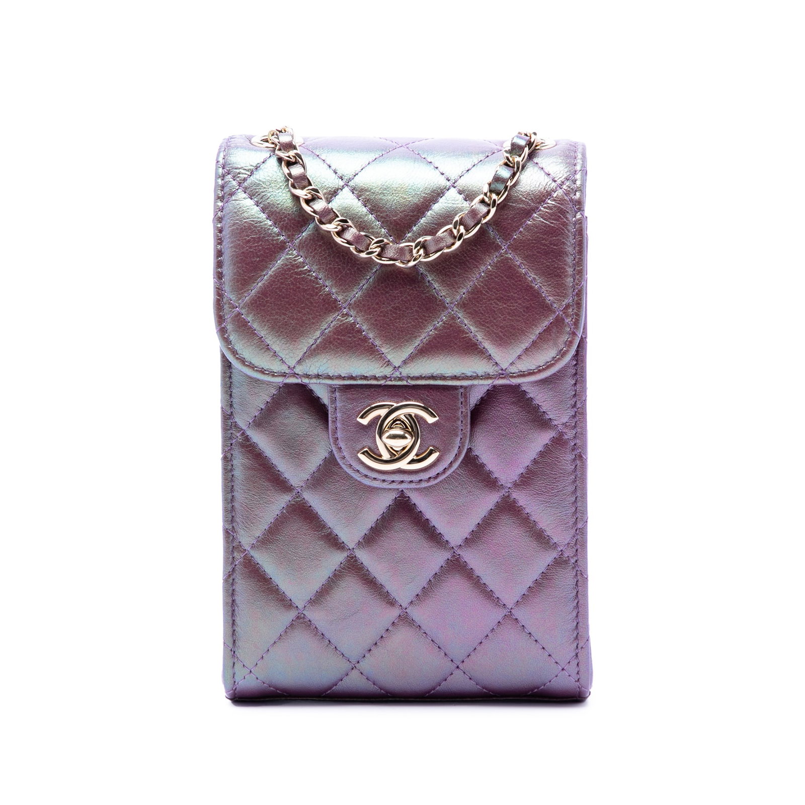 Chanel CC Phone Holder Crossbody in Purple Iridescent Lambskin: Chanel CC Phone Holder Crossbody in Purple Iridescent Lambskin Chanel CC Quilted Iridescent Lambskin Phone Holder with Chain in purple. This crossbody bag features a quilted lambskin leather body, a l