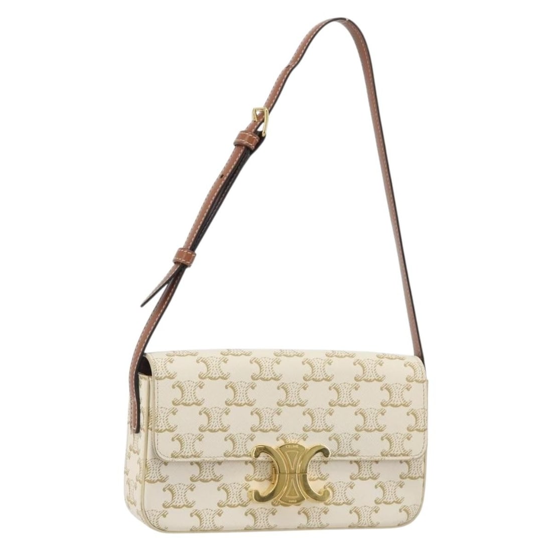CELINE Triomphe leather shoulder bag white and gold tone: CELINE Triomphe leather shoulder bag white and gold tone Celine Triomphe shoulder bag in white and gold leather, made in Italy. This women's bag includes a dust bag and features a compact silhouette w