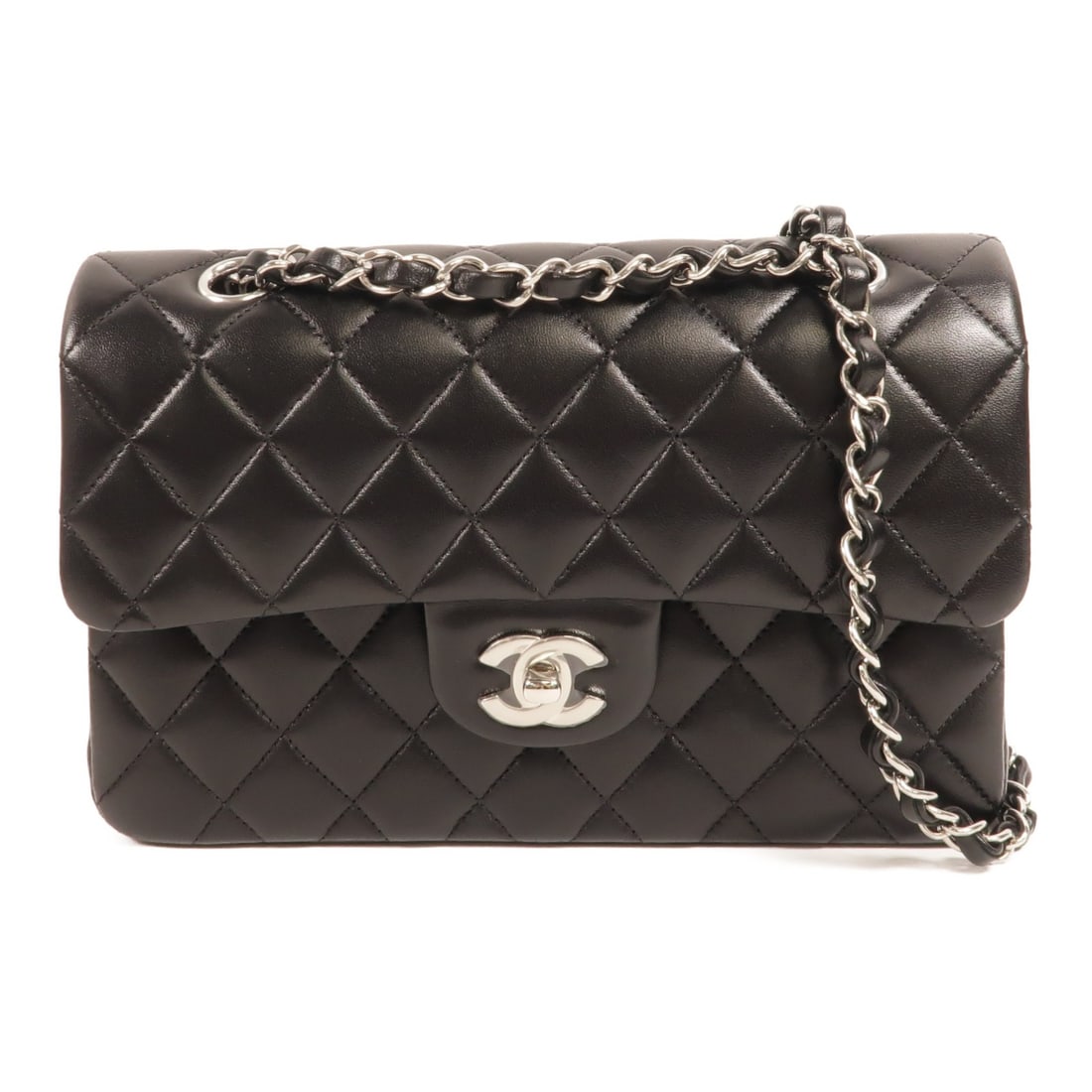 CHANEL A01113 Classic 23 Black Lambskin Chain Shoulder Bag: CHANEL A01113 Classic 23 Black Lambskin Chain Shoulder Bag Classic CHANEL 23 chain shoulder bag in black lambskin leather with CC turn-lock closure and silver-tone hardware. This women's shoulder bag 