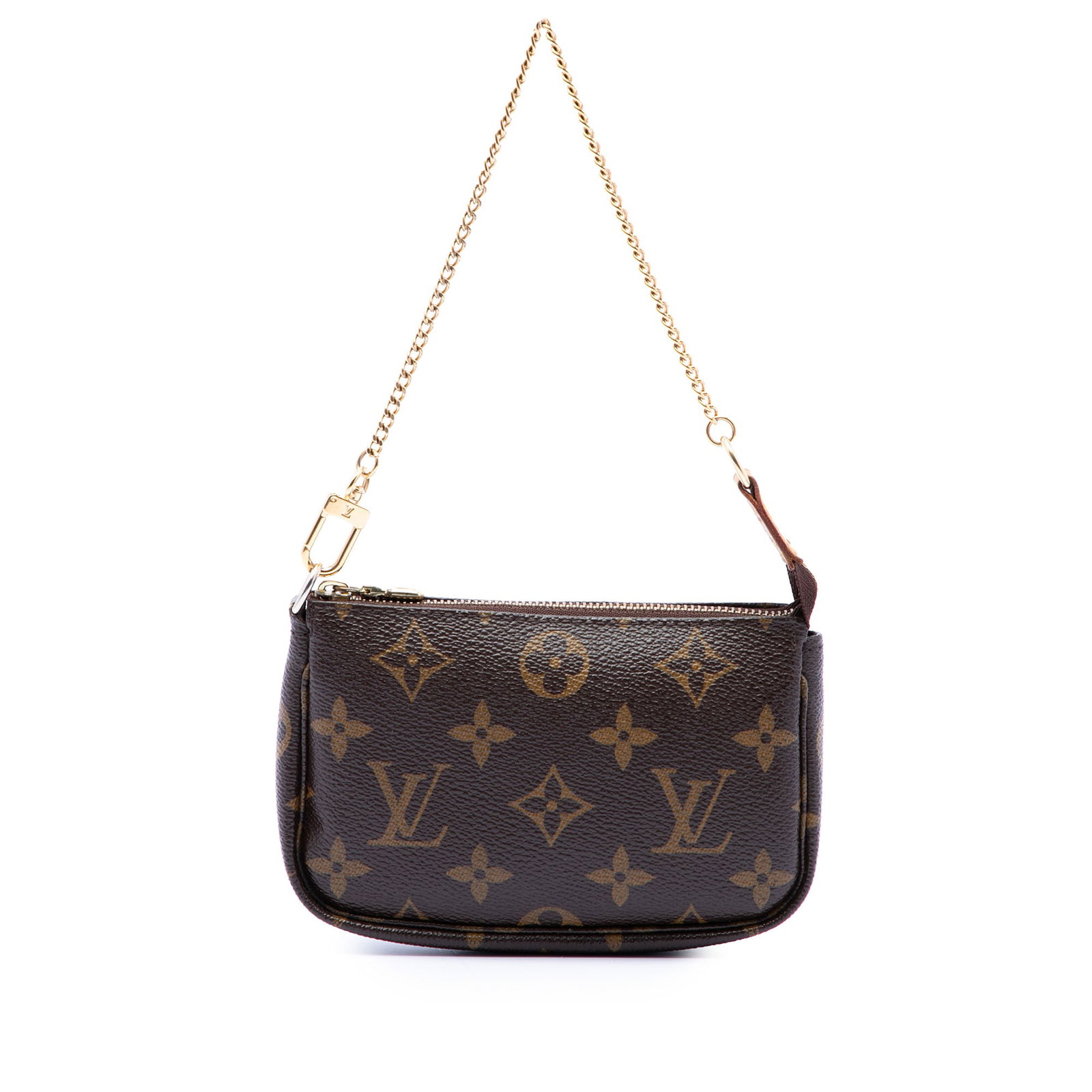 Louis Vuitton Monogram Mini Pochette Bag with Chain Strap: Louis Vuitton Monogram Mini Pochette Bag with Chain Strap Compact and iconic, this Louis Vuitton Monogram Mini Pochette Accessoires is crafted with a monogram canvas body, a gold-tone chain strap, and