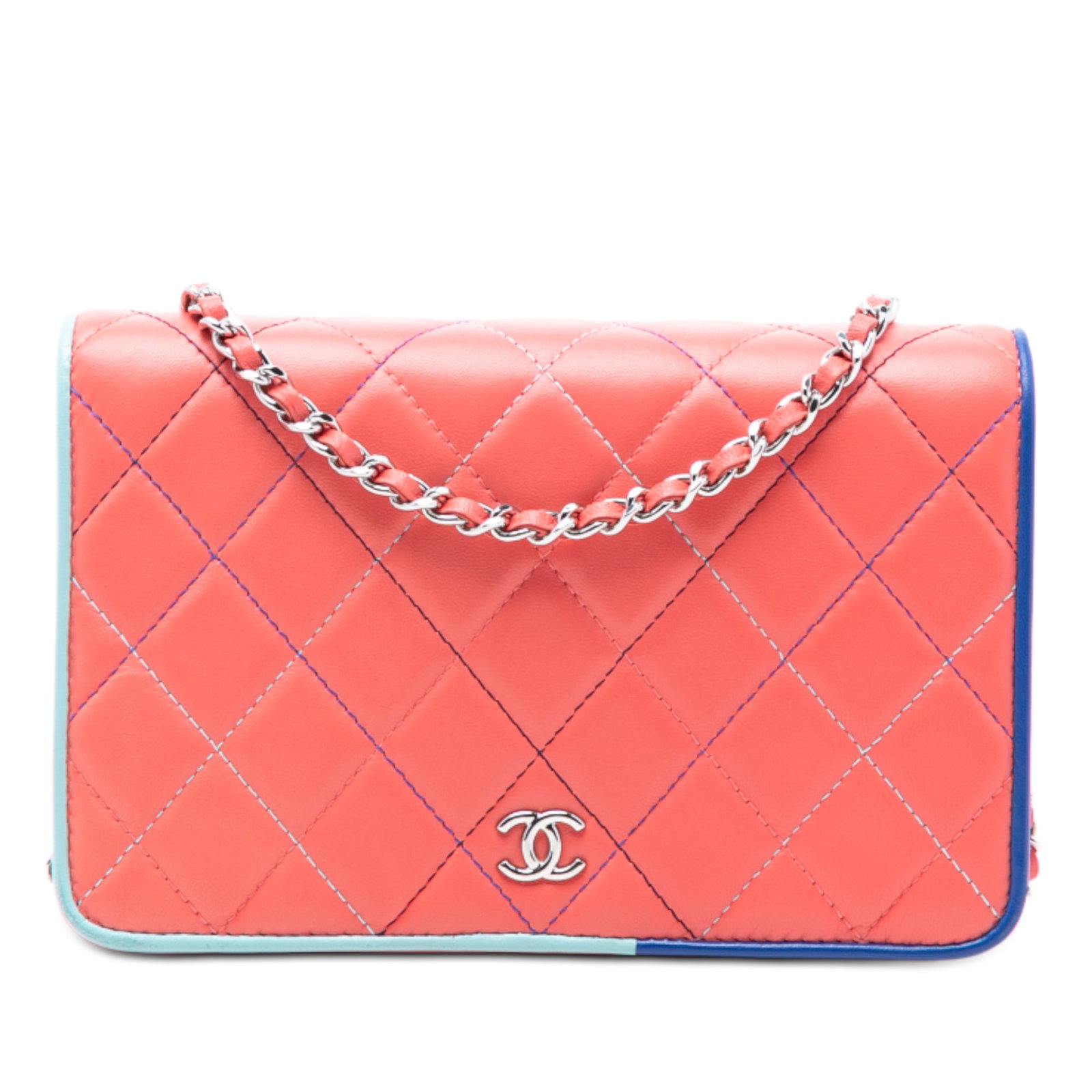 Chanel Multicolor Border Quilted Lambskin Wallet on Chain Crossbody Bag: Chanel Multicolor Border Quilted Lambskin Wallet on Chain Crossbody Bag This Chanel CC Quilted Lambskin Multicolor Border Full Flap Wallet on Chain is crafted from quilted lambskin leather in pink, fe