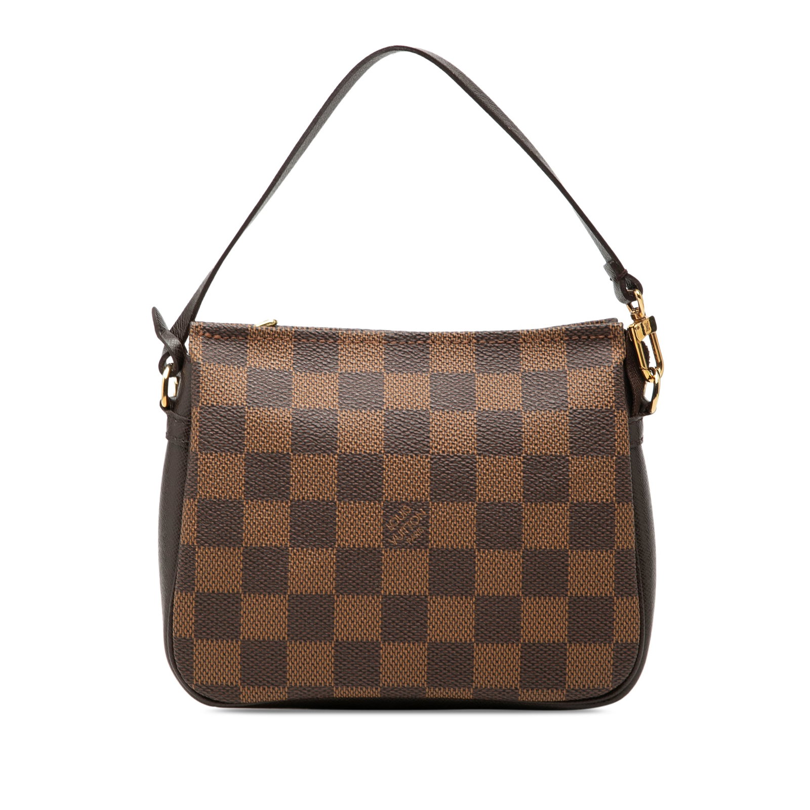Louis Vuitton Damier Ebene Trousse Pochette Brown Canvas Bag: Louis Vuitton Damier Ebene Trousse Pochette Brown Canvas Bag Louis Vuitton Damier Ebene Trousse Pochette with a damier canvas body, flat leather strap, and top zip closure. Made in France. Condition A