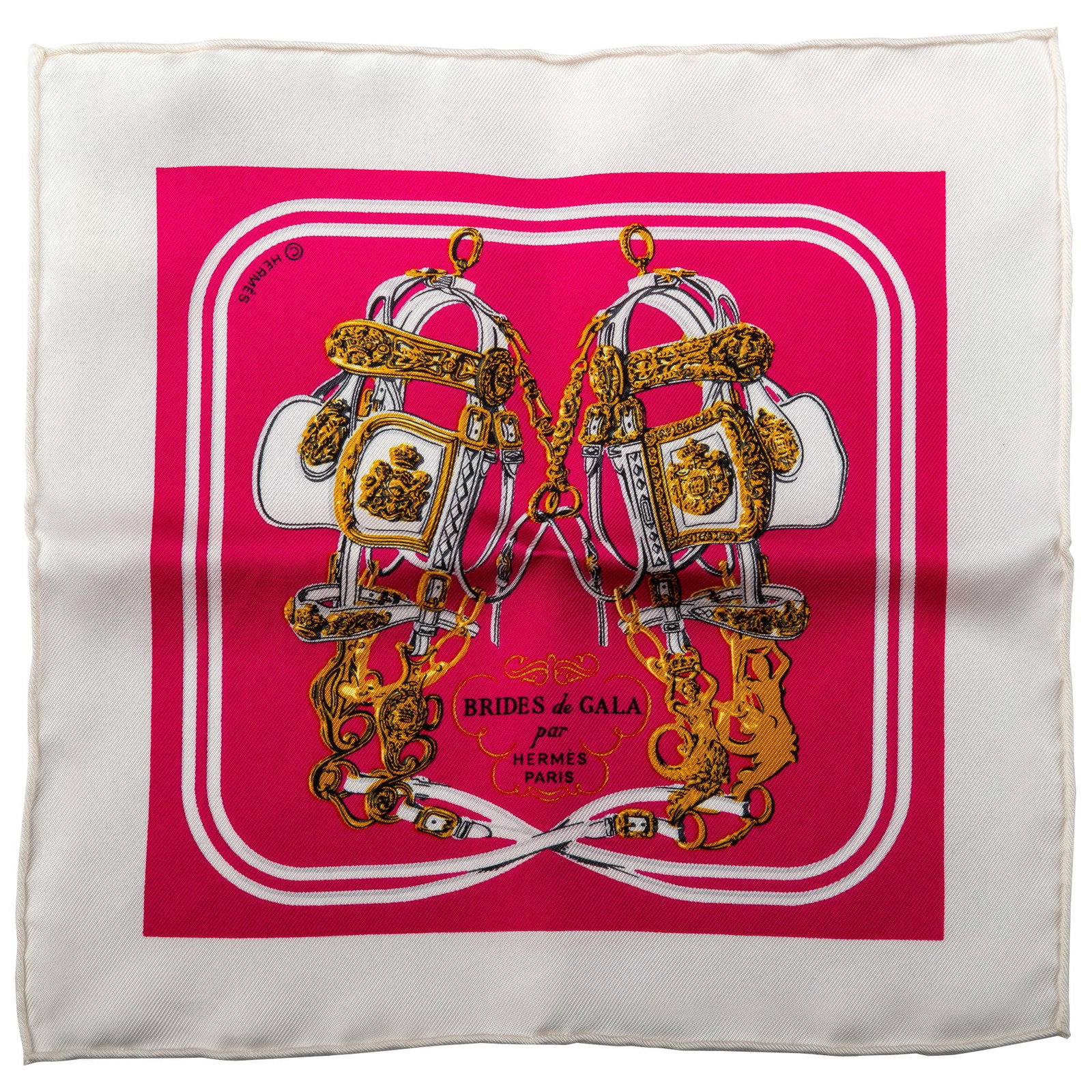 New Hermes Brides de Gala Mini Silk Scarf 8 inches with Box: New Hermes Brides de Gala Mini Silk Scarf 8 inches with Box This exquisite mini silk twill scarf from Hermes features the iconic "Brides de Gala" design. Measuring 8 inches by 8 inches (20.32 cm x 20.