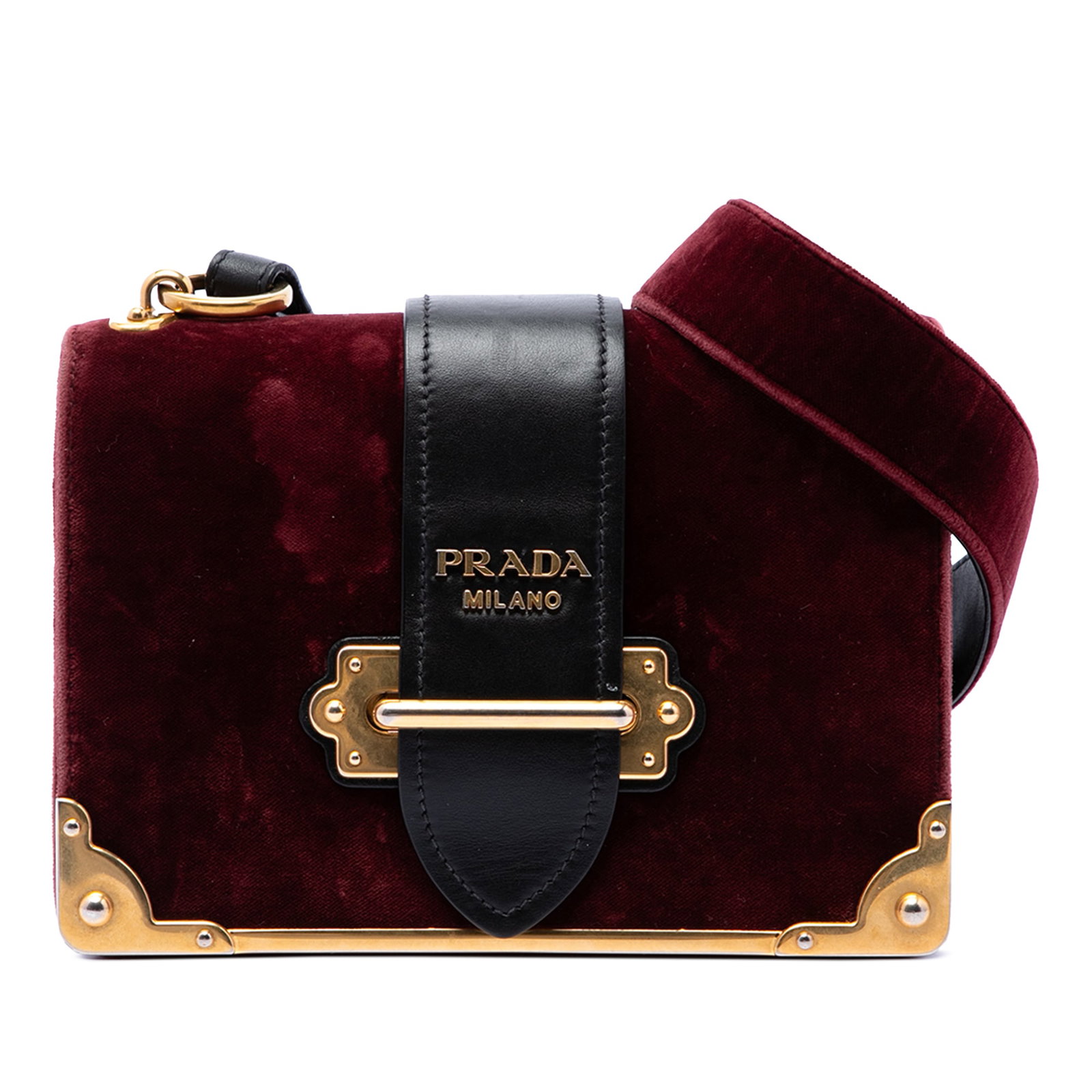 Prada Cahier Velvet Crossbody Bag Red: Prada Cahier Velvet Crossbody Bag Red Prada Velvet Cahier Crossbody bag with a velvet body, flat leather strap, pull-through flap tab closure, and interior slip pockets. Made in Italy. Condition B+ wi