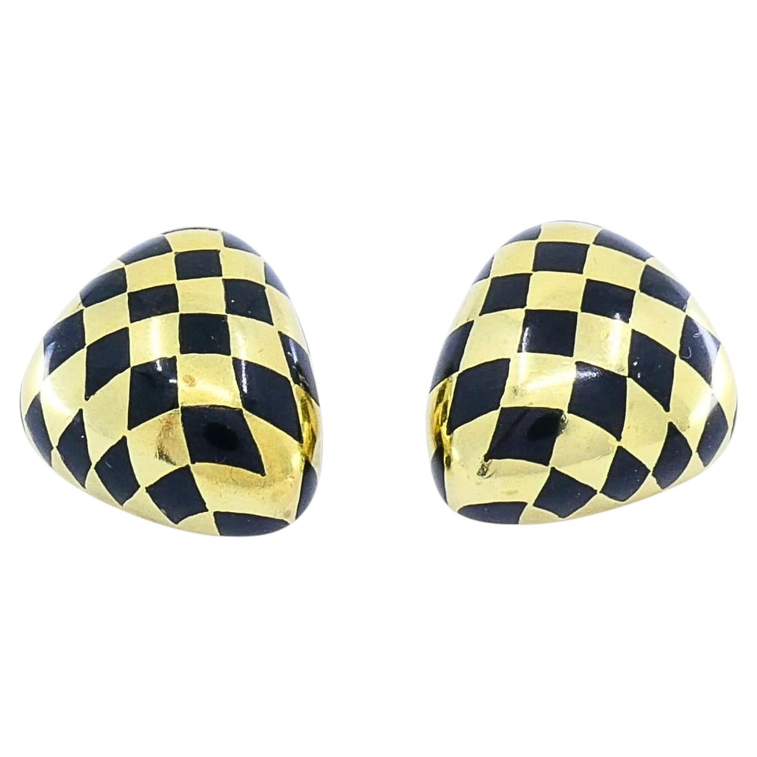 Tiffany & Co. Checkerboard Black Jade 18K Gold Clip Earrings: Tiffany & Co. Checkerboard Black Jade 18K Gold Clip Earrings Vintage Tiffany & Co. clip-on earrings in 18k yellow gold with black jade inlay. The rounded triangular design features a checkerboard patt