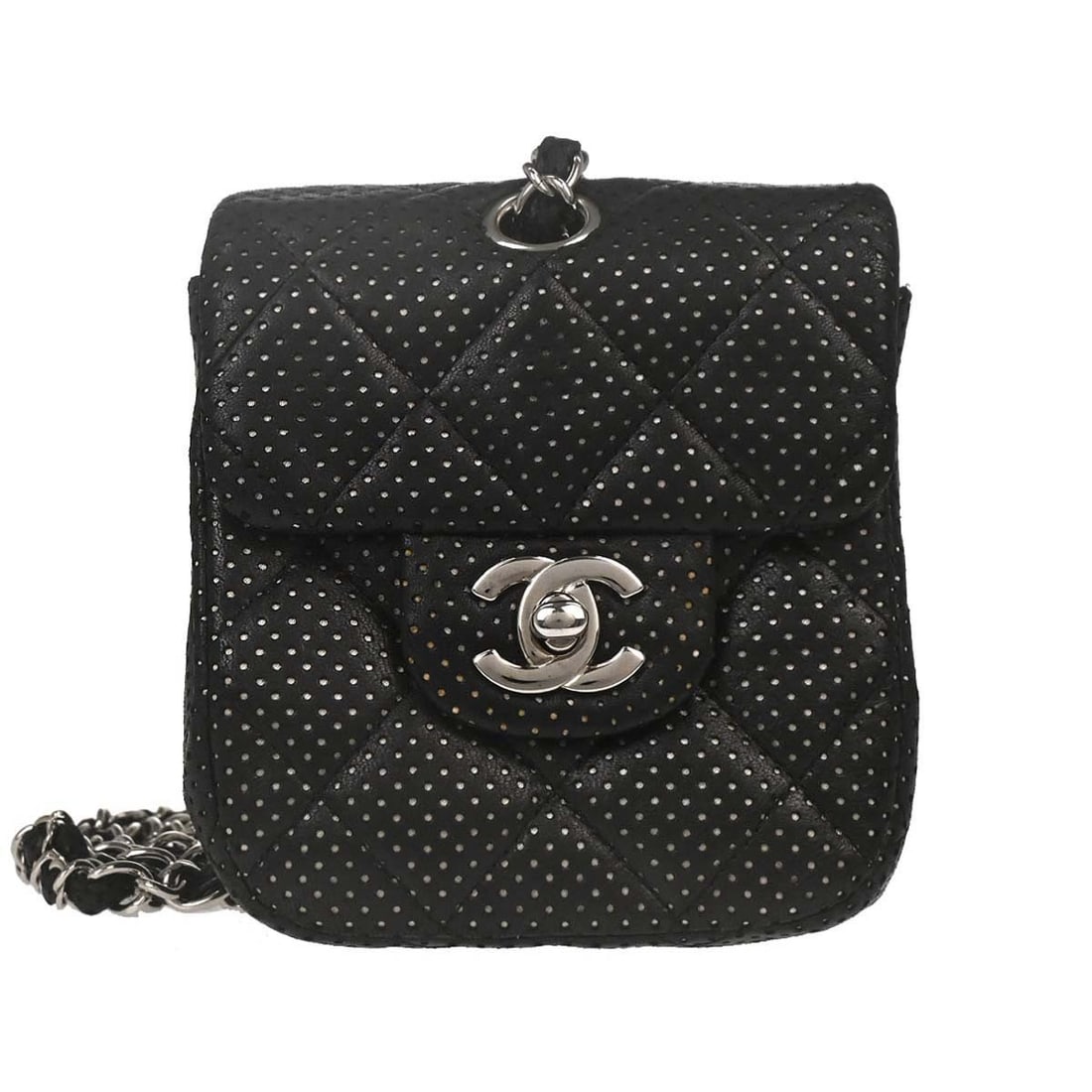 CHANEL perforated lambskin shoulder bag in black: CHANEL perforated lambskin shoulder bag in black Chanel shoulder bag in black perforated lambskin with a leather lining and shoulder strap. Made in Italy, this medium bag features pockets and includes
