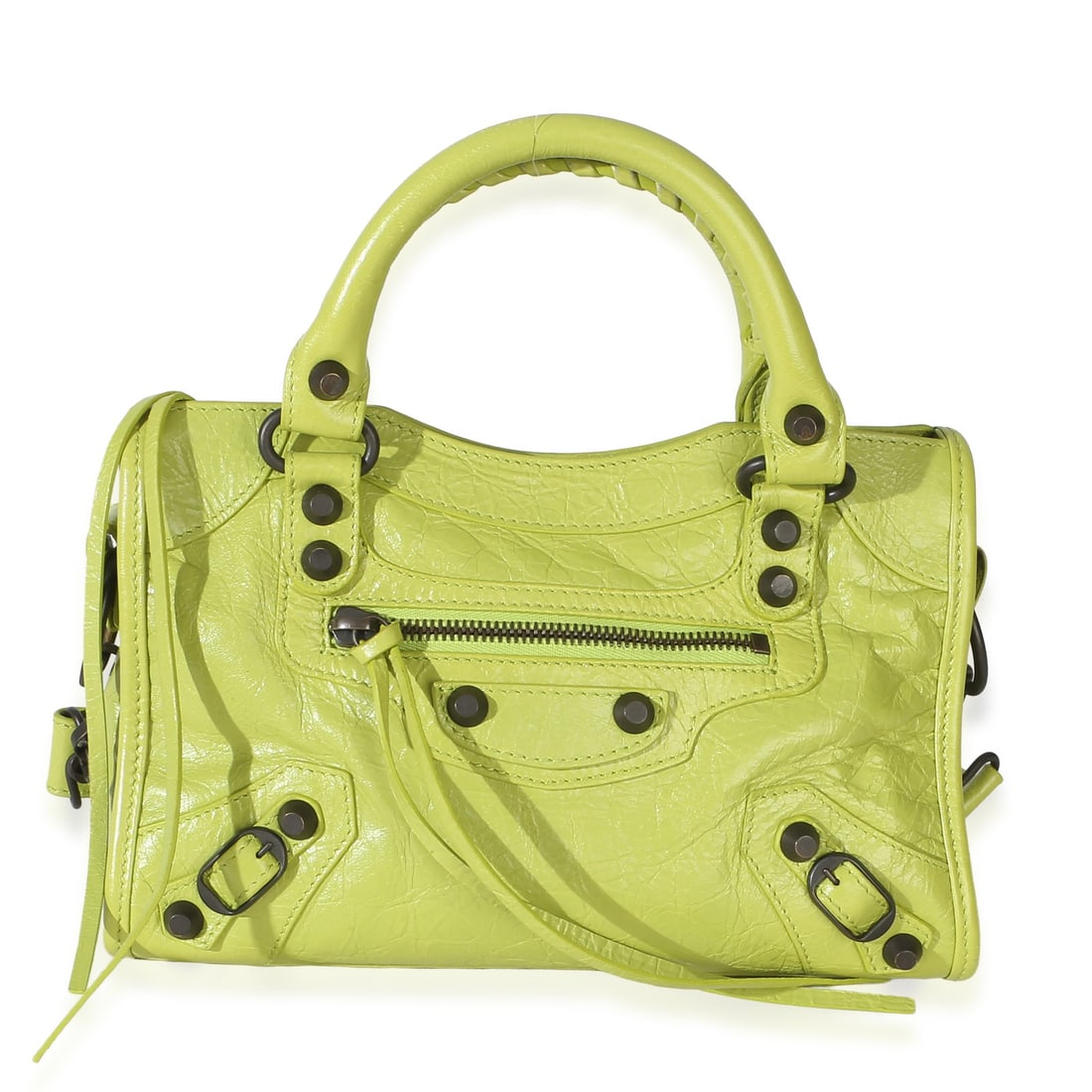 Balenciaga Mini Le City Bag Green Leather with Dustbag: Balenciaga Mini Le City Bag Green Leather with Dustbag Pre-owned Balenciaga Agneau Arena Classic Hardware Mini Le City bag in green leather. This compact design features a zip-top closure, black fabri
