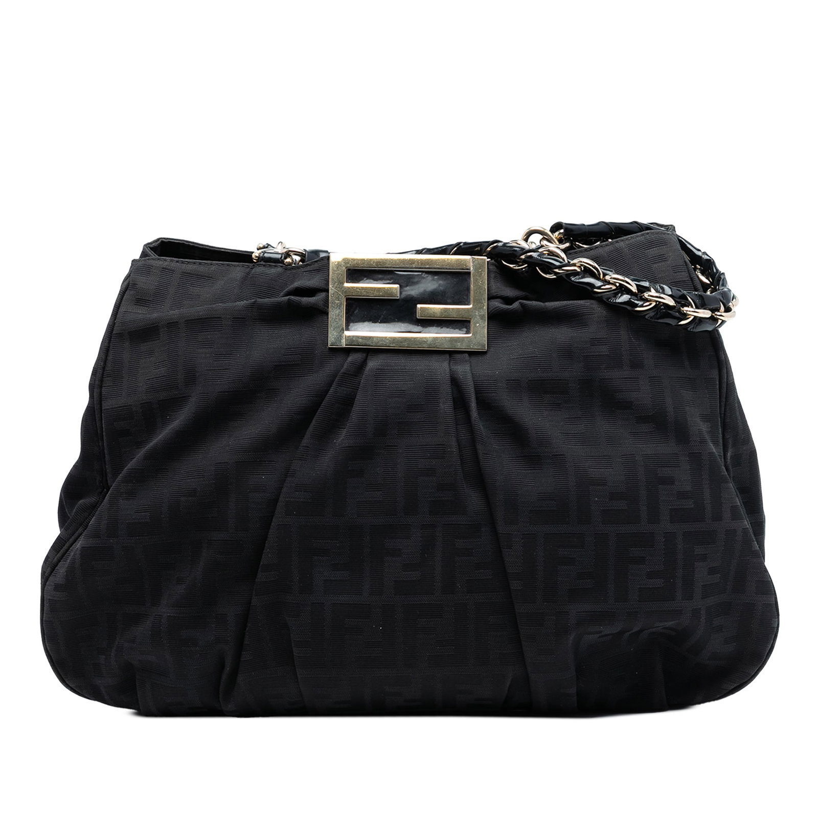 Canvas Mia Tote Bag by Fendi with Large Zucca Pattern: Canvas Mia Tote Bag by Fendi with Large Zucca Pattern The Fendi Large Zucca Canvas Mia Tote features a canvas body with leather-woven chain link straps and an open top. The interior is designed with a