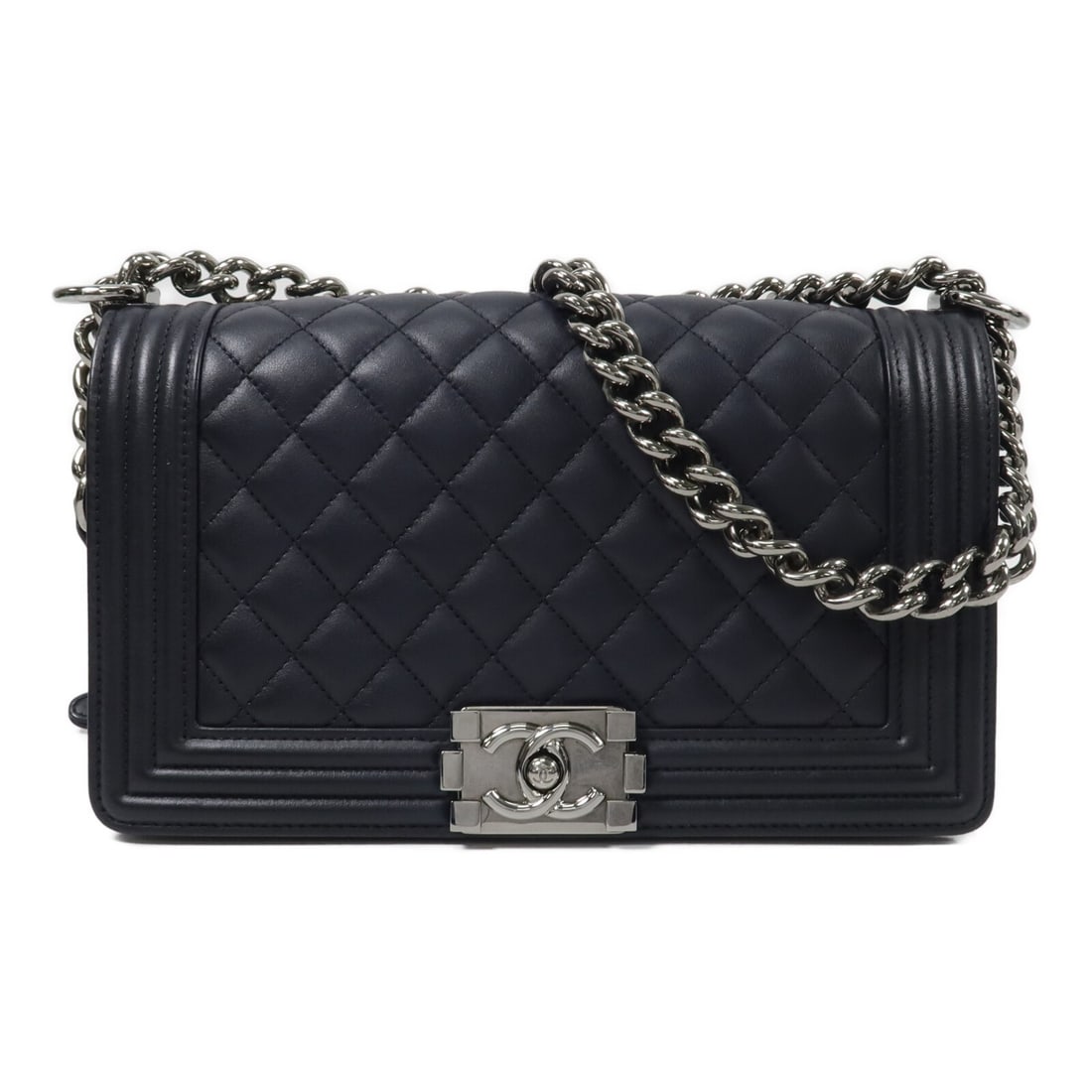 CHANEL Boy 25 A67086 Navy Lambskin Chain Shoulder Bag: CHANEL Boy 25 A67086 Navy Lambskin Chain Shoulder Bag Chanel Boy 25 chain shoulder bag in navy lambskin leather with silver-tone CC hardware. This women's shoulder bag features a flap design with one 