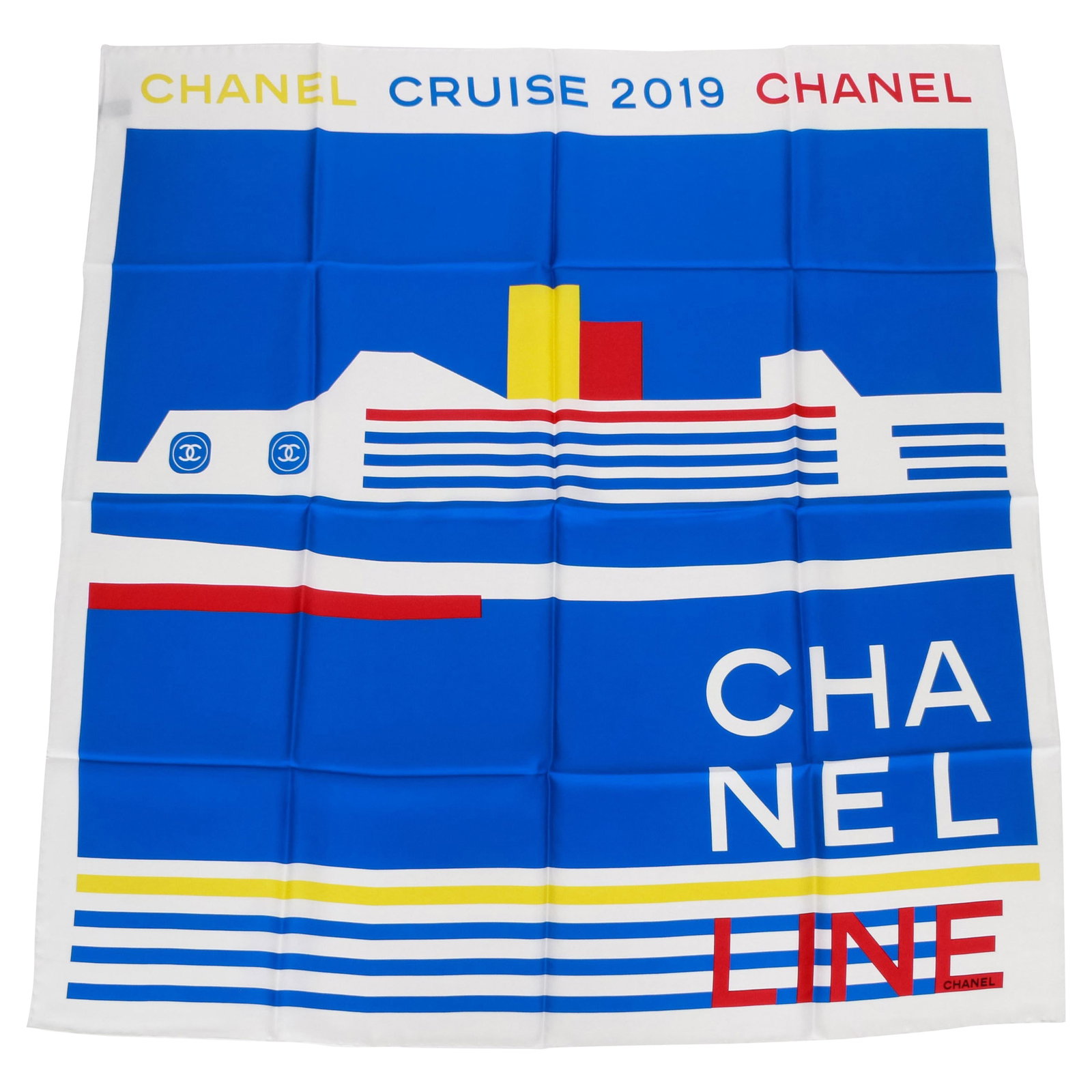 Chanel 2019 Silk Scarf White Blue Red Yellow 35x35: Chanel 2019 Silk Scarf White Blue Red Yellow 35x35 Elevate your style with this exquisite Chanel scarf, crafted from luxurious 100% silk. Featuring a vibrant palette of white, blue, red, and yellow, t