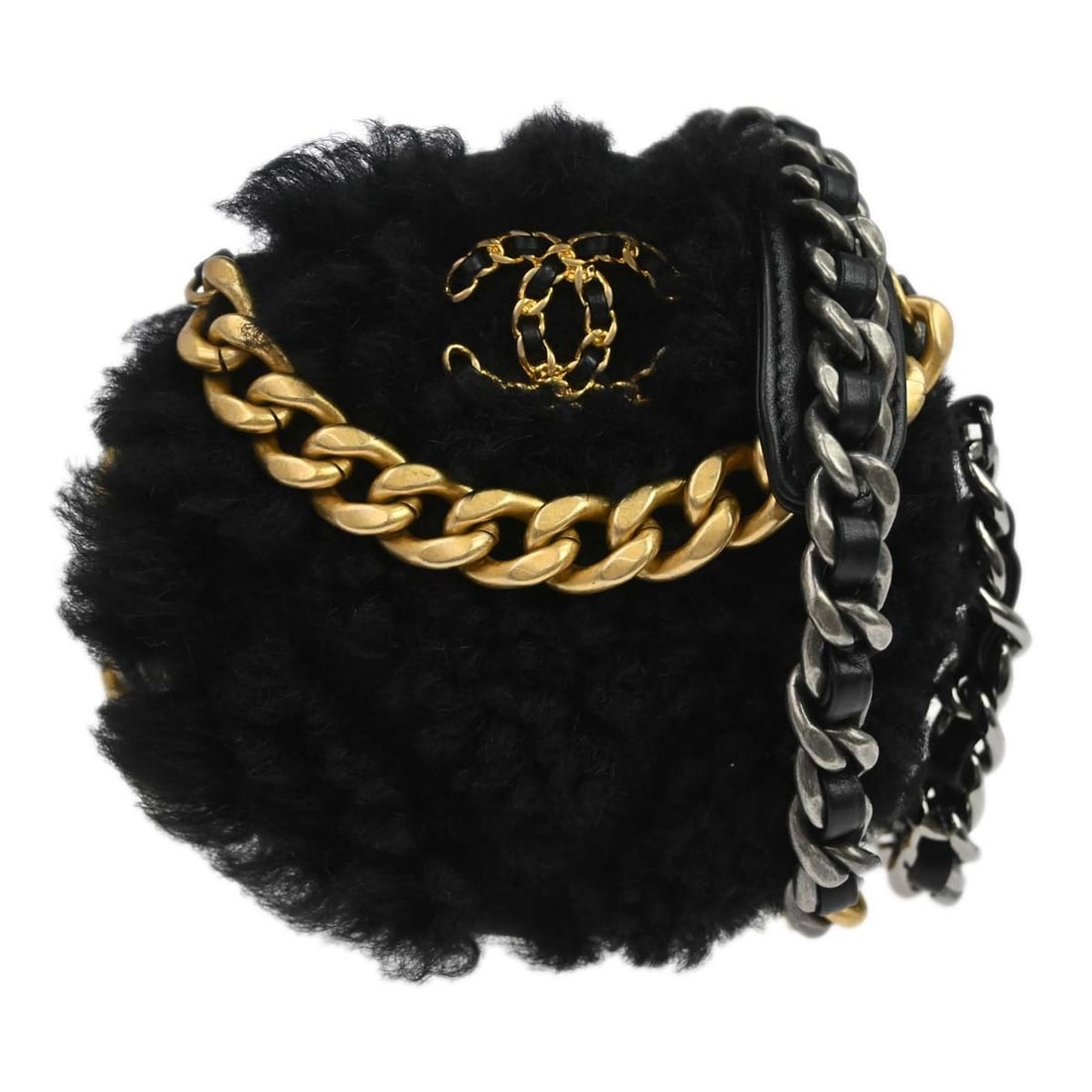 CHANEL 19 Mini Round Fur Shoulder Bag Black Chain Strap: CHANEL 19 Mini Round Fur Shoulder Bag Black Chain Strap Mini Chanel 19 round shoulder bag in black fur with quilted accents and a leather lining. This women's bag features a chain shoulder strap, two 