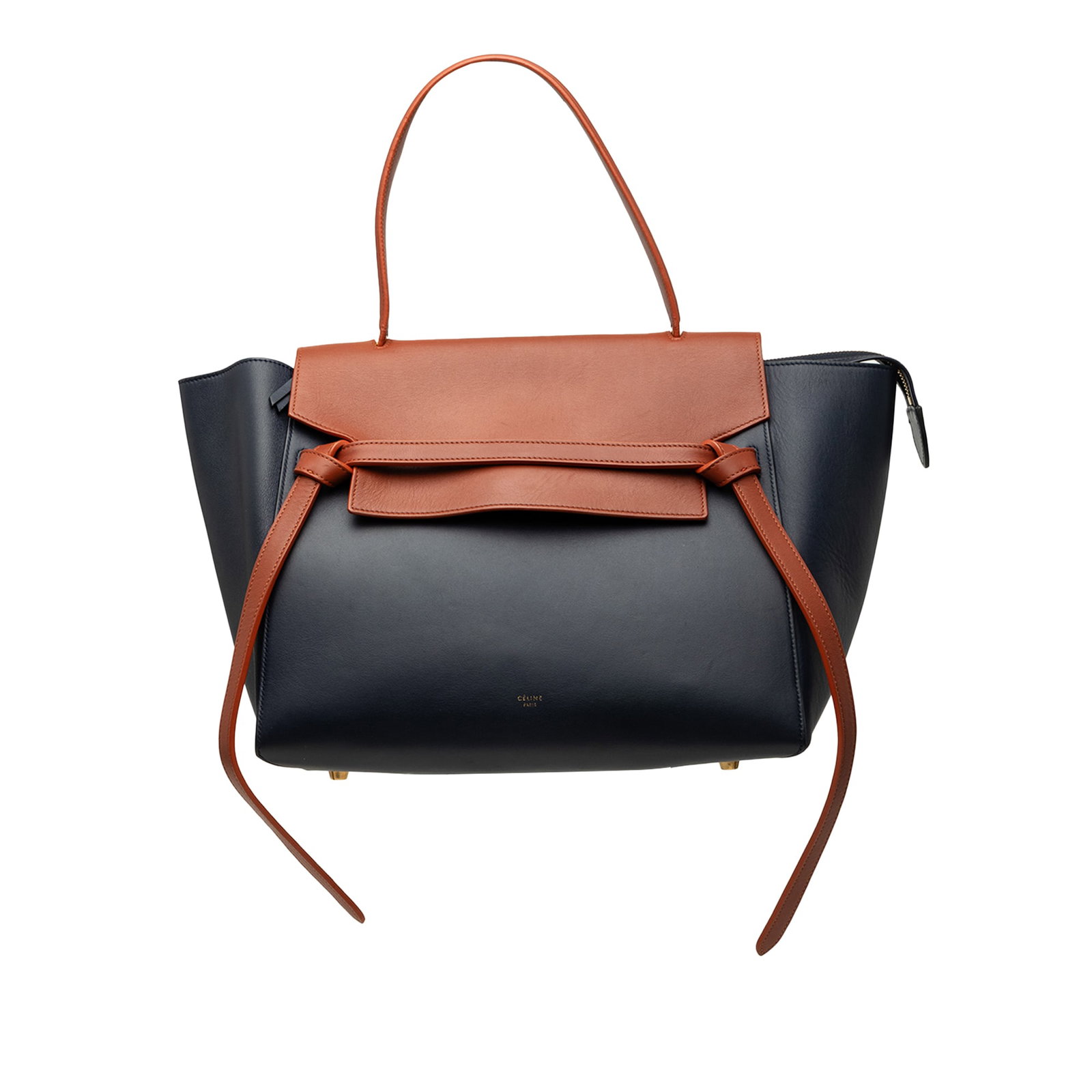 Celine Belt Bag Mini Bicolor Smooth Calfskin Satchel: Celine Belt Bag Mini Bicolor Smooth Calfskin Satchel A structured and stylish satchel crafted in smooth calfskin leather with a bicolor design. This mini belt bag features a flat leather top handle, a