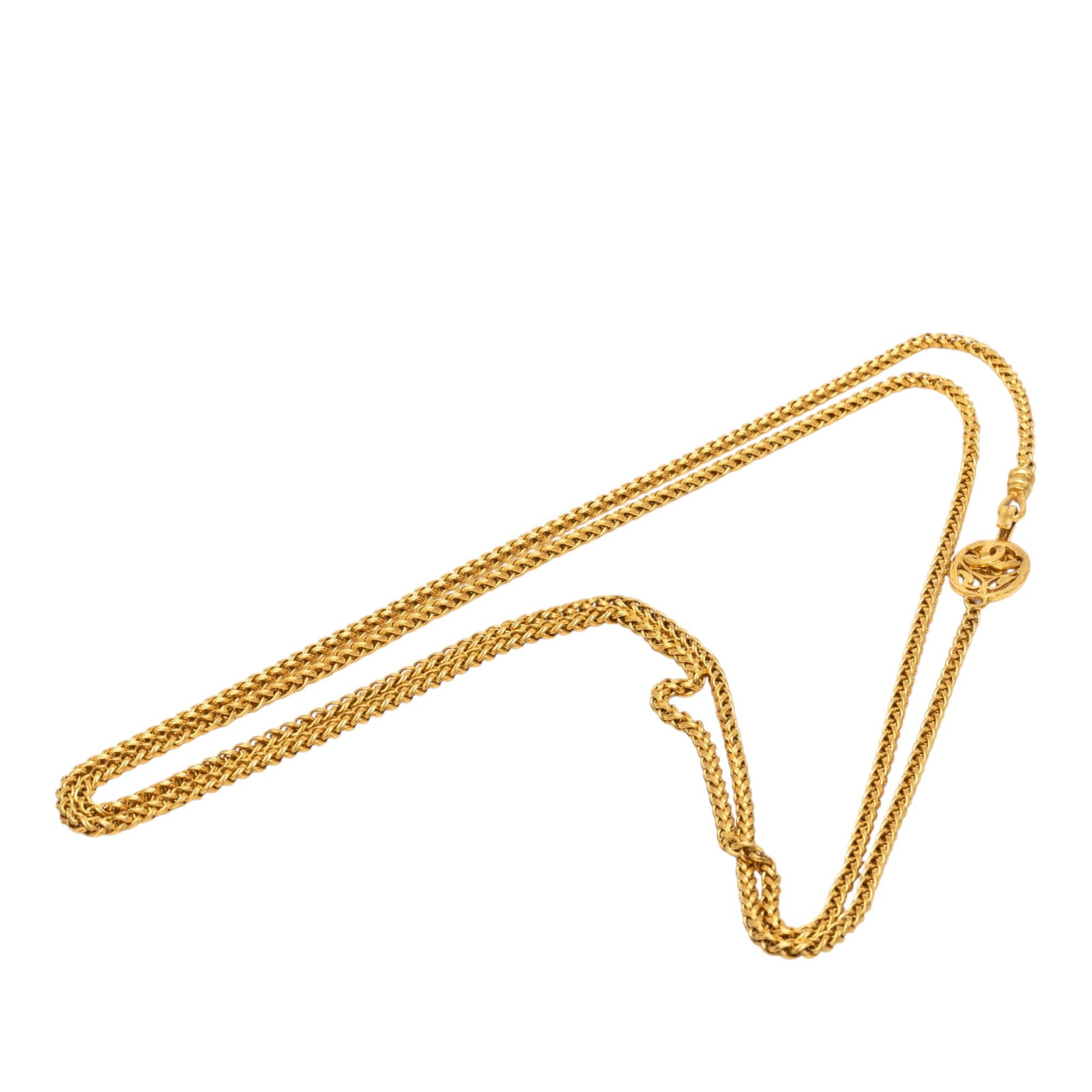 Chanel Medallion Double Strand Gold Plated Chain Necklace: Chanel Medallion Double Strand Gold Plated Chain Necklace Chanel double strand chain necklace with a gold plated metal body and medallion design. Made in France, this costume jewelry piece features a 
