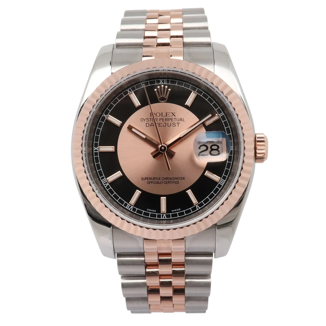 Rolex Datejust 36 Wristwatch Ref 116231 Rose Gold Steel Tuxedo Dial: Rolex Datejust 36 Wristwatch Ref 116231 Rose Gold Steel Tuxedo Dial Rolex Datejust 36 wristwatch with a rare tuxedo dial and automatic Swiss movement. This unisex luxury watch features an analog displ
