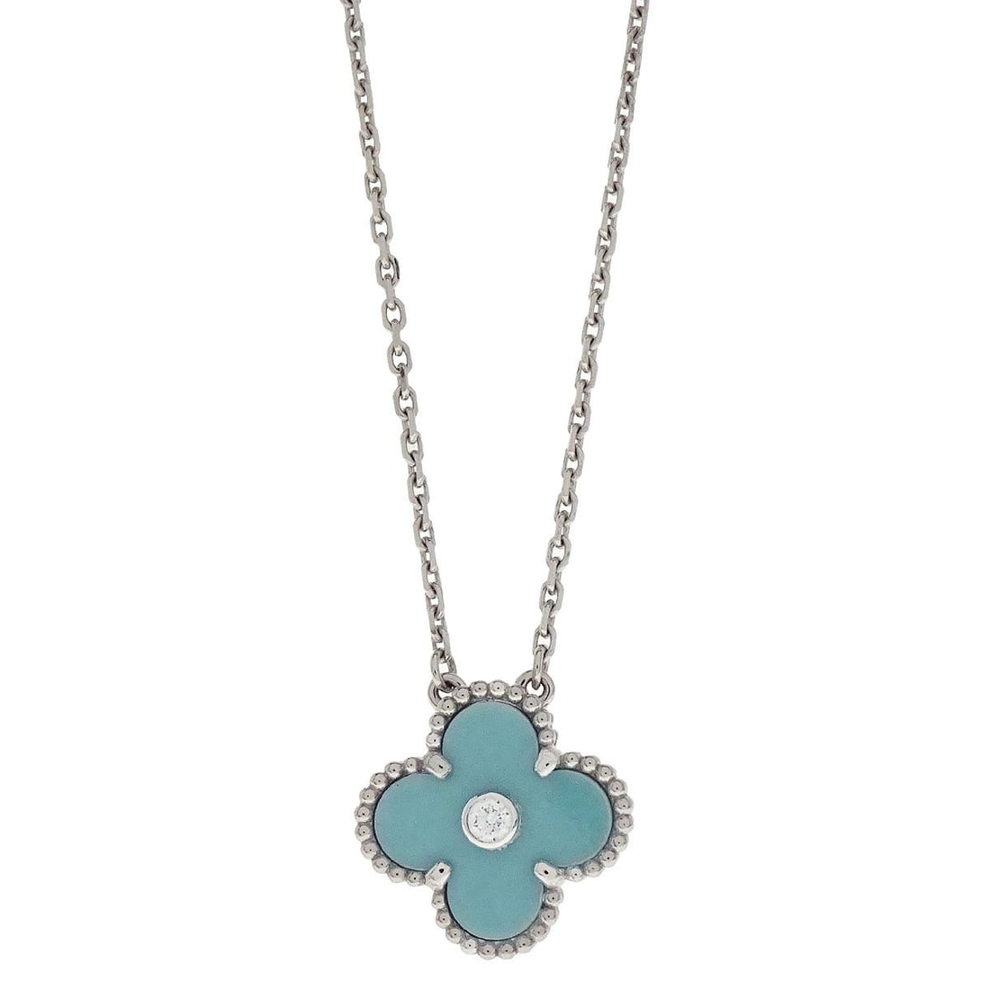 Van Cleef Arpels Alhambra pendant necklace in 750WG with Sevres porcelain: Van Cleef Arpels Alhambra pendant necklace in 750WG with Sevres porcelain Van Cleef & Arpels Alhambra pendant necklace crafted in Au750 white gold with Sevres porcelain and diamond accents. This charm