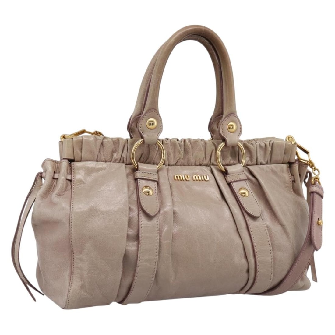 Miu Miu Vitellolux 2way Leather Handbag Beige Gold with Strap: Miu Miu Vitellolux 2way Leather Handbag Beige Gold with Strap Miu Miu Vitellolux 2-way handbag in beige leather with gold-tone accents. Made in Italy, this women's handbag includes a dust bag and shou
