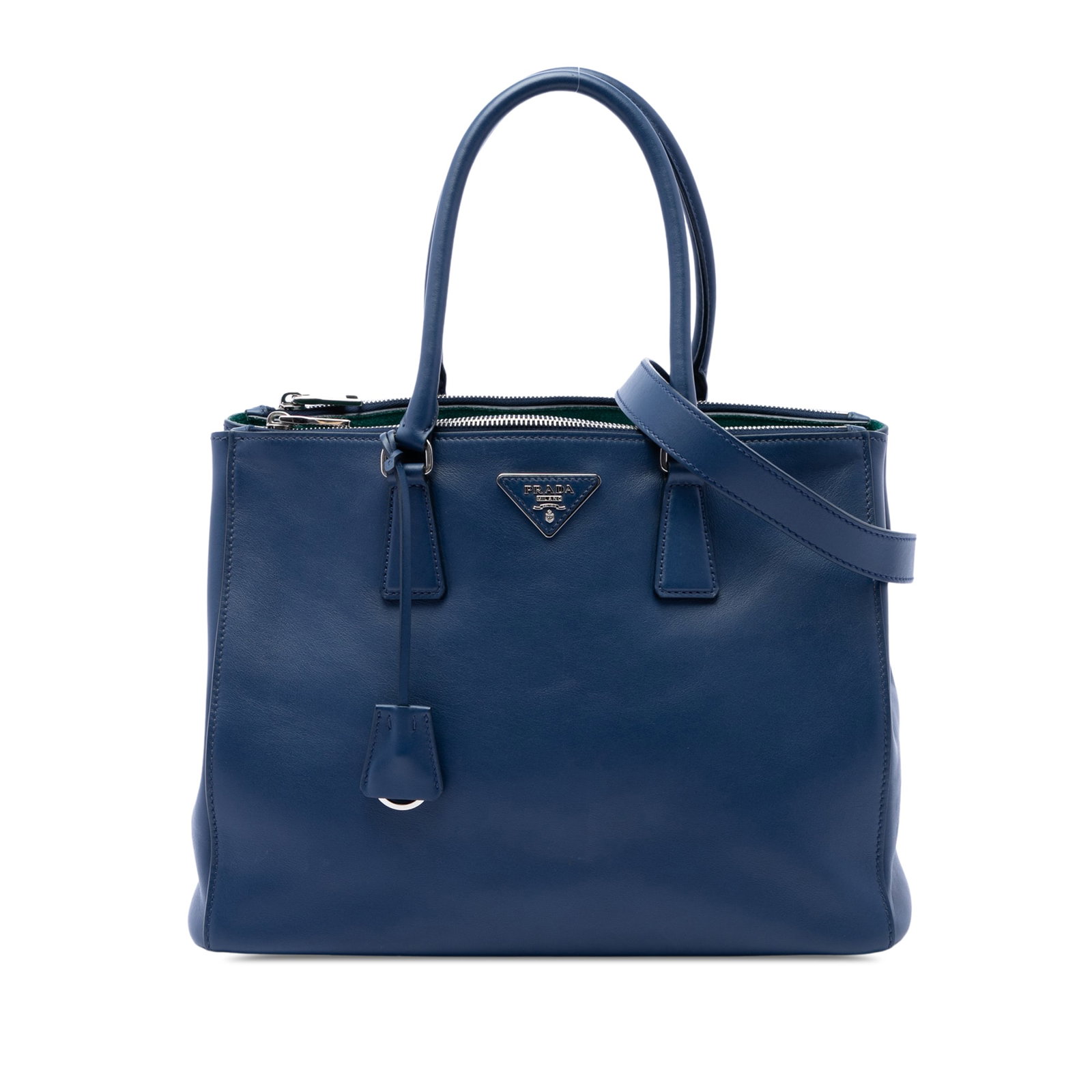 Prada Galleria Double Zip Satchel Large Soft Calf Blue Leather: Prada Galleria Double Zip Satchel Large Soft Calf Blue Leather A Prada Galleria double zip satchel crafted in blue soft calf leather. This large satchel features rolled leather handles, a detachable f