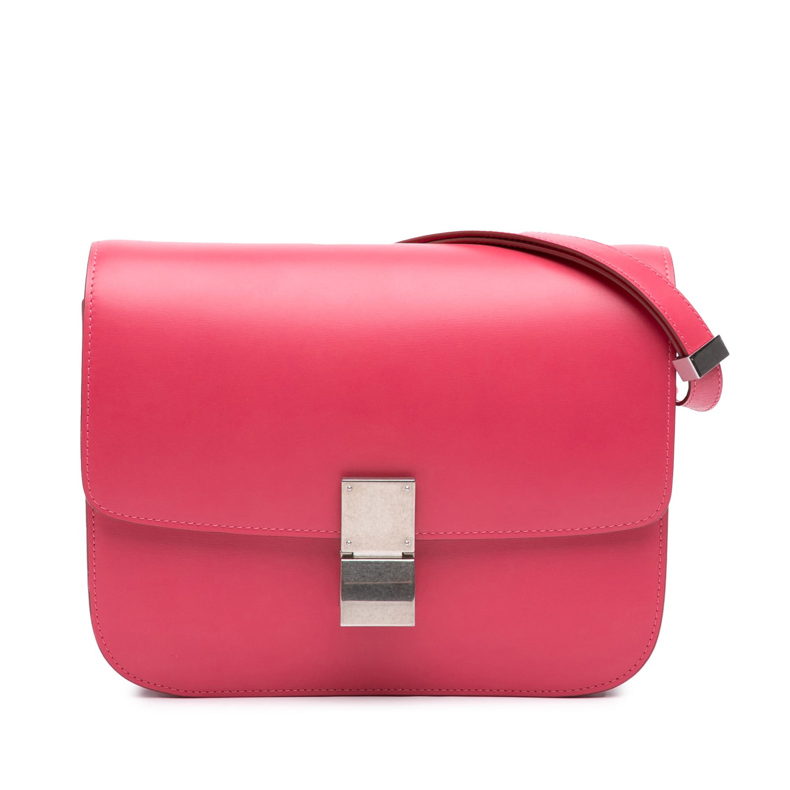 Celine Classic Box Medium Calfskin Crossbody Bag Pink: Celine Classic Box Medium Calfskin Crossbody Bag Pink A Celine Medium Calfskin Classic Box crossbody bag crafted in pink leather. It features a detachable flat strap, a front flap with a metal clasp c