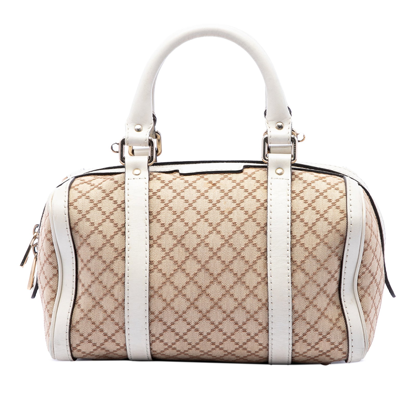 Gucci Joy Boston Satchel in Beige Diamante Canvas: Gucci Joy Boston Satchel in Beige Diamante Canvas A Gucci Small Diamante Canvas Joy Boston Bag with a canvas body, leather trim, rolled leather handles, and a top zip closure. The interior includes zi