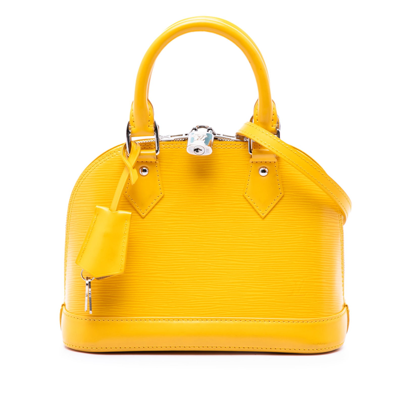 Louis Vuitton Epi Alma BB Yellow Leather Top Handle Bag: Louis Vuitton Epi Alma BB Yellow Leather Top Handle Bag Louis Vuitton Epi Alma BB handbag crafted in yellow Epi leather with rolled top handles, a detachable flat leather strap, a zip-around top closu