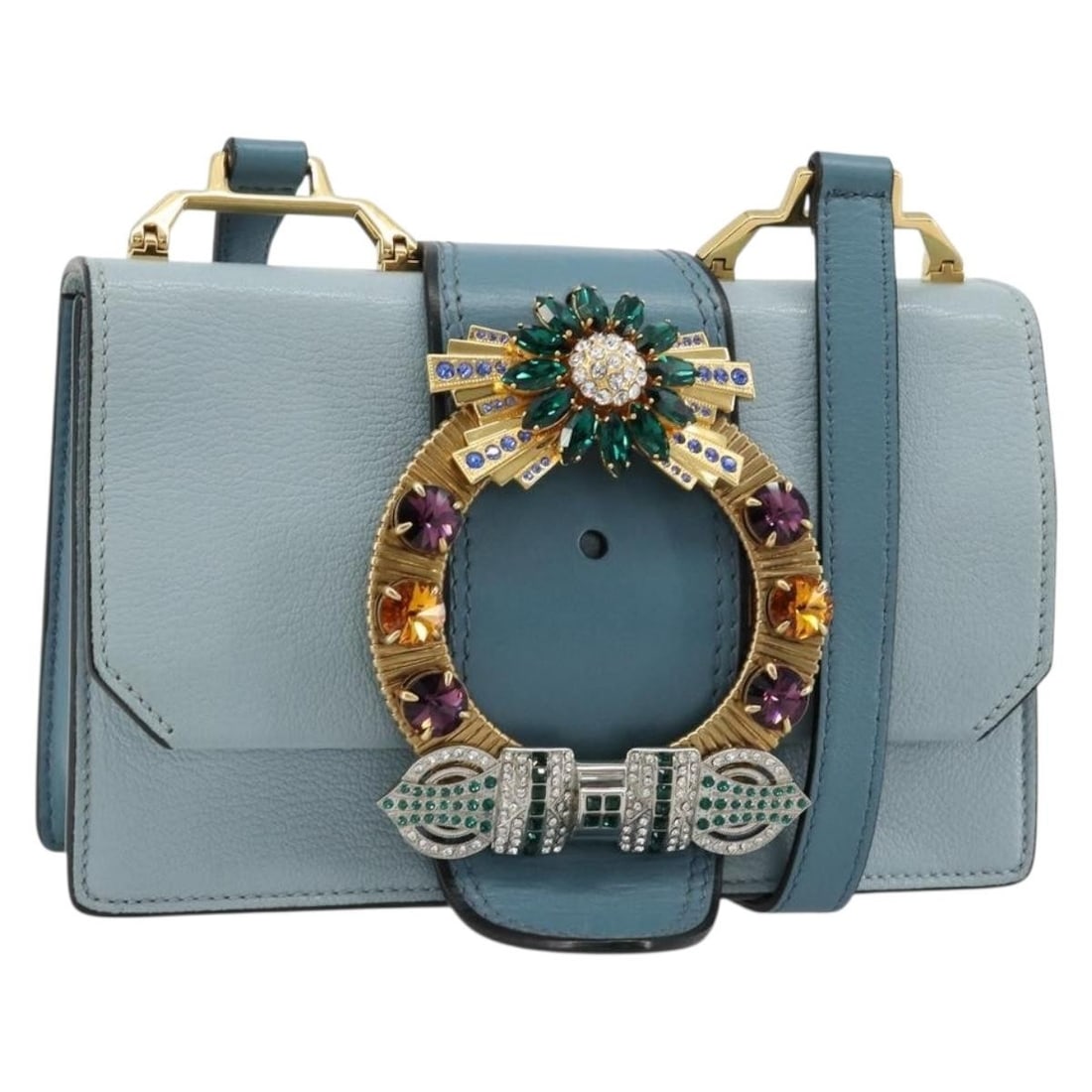 Leather Shoulder Bag by Miu Miu in Light Blue Gold: Leather Shoulder Bag by Miu Miu in Light Blue Gold Authentic Miu Miu shoulder bag in light blue leather with gold-tone accents. This women's bag is made in Italy and features an adjustable shoulder st