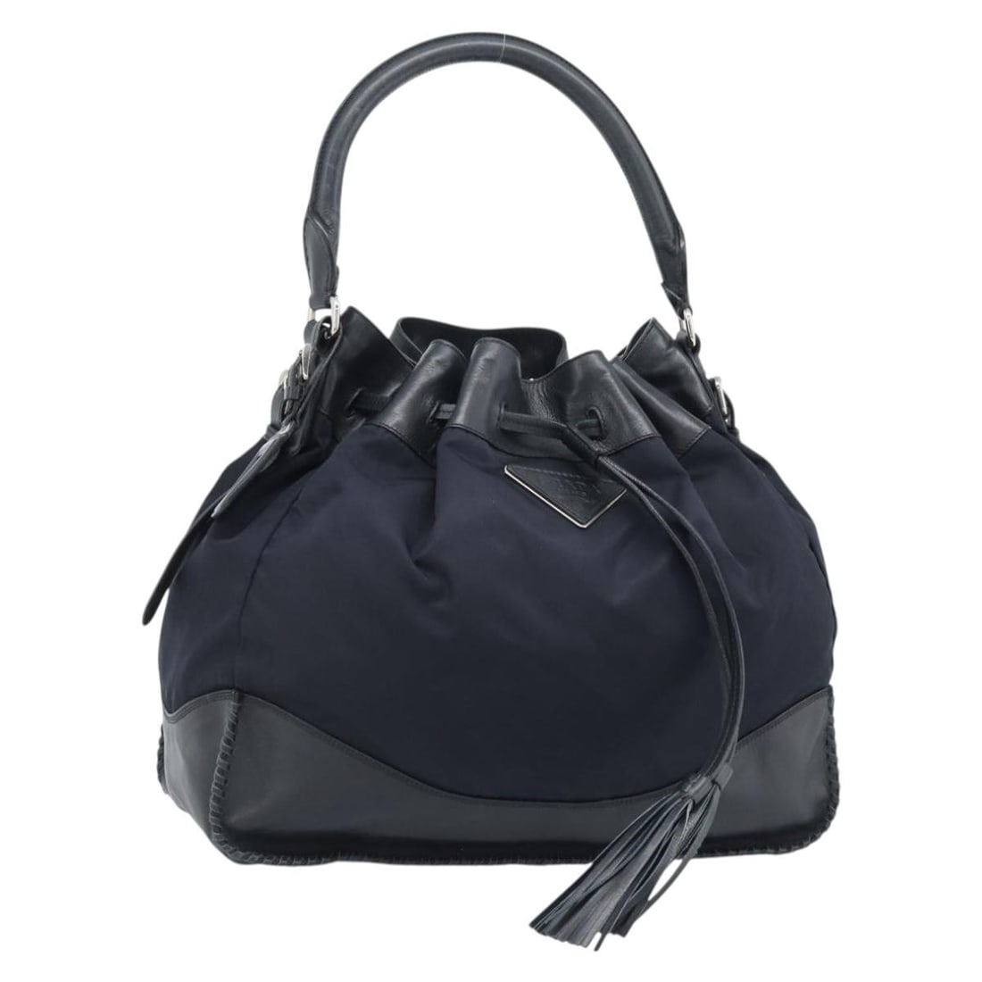 PRADA Nylon Shoulder Bag Black Silver with Dust Bag Name Tag: PRADA Nylon Shoulder Bag Black Silver with Dust Bag Name Tag This Prada shoulder bag is crafted in nylon with leather accents and finished in black and silver. Made in Italy, it features a shoulder st