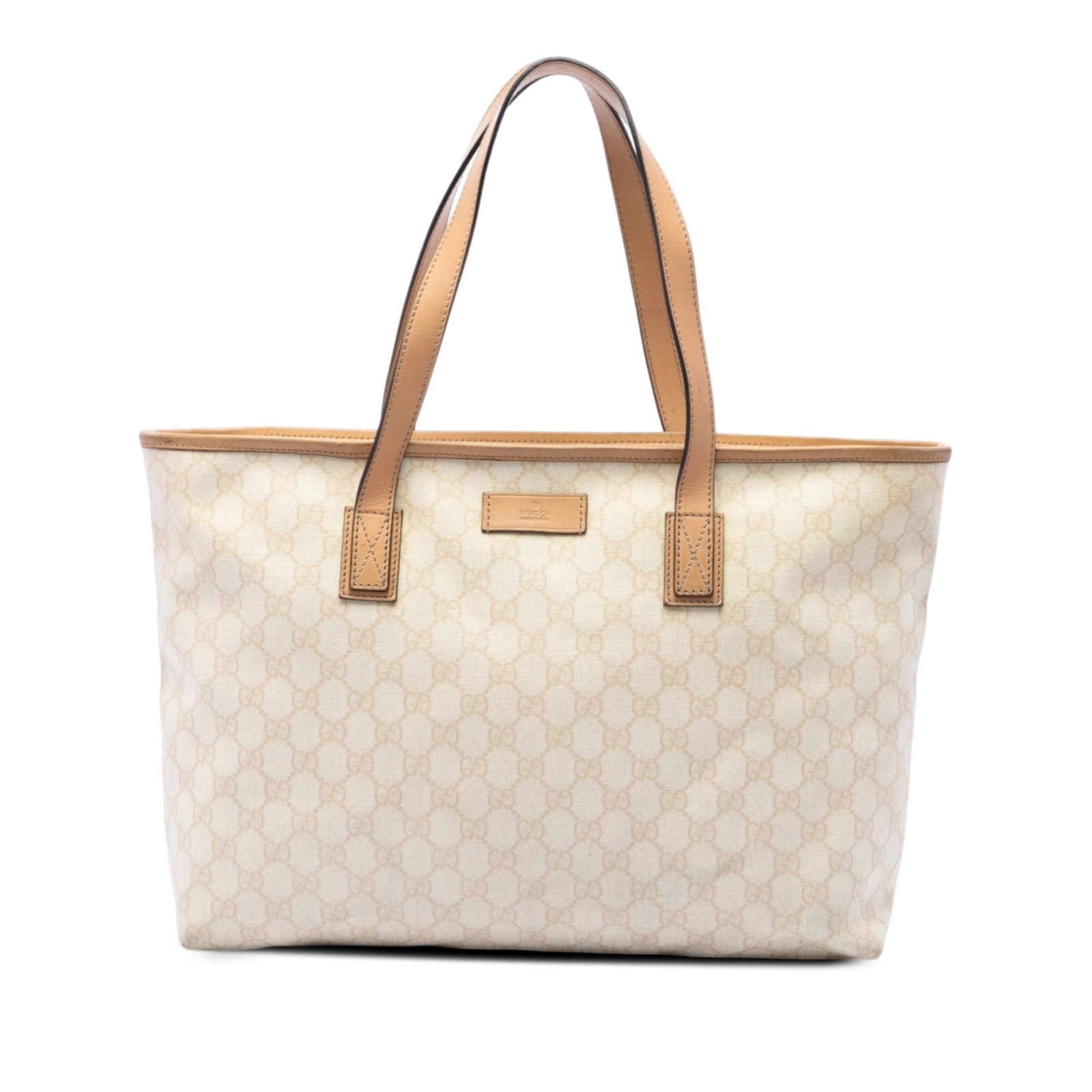 Gucci Medium GG Supreme Brown Coated Canvas Tote Bag: Gucci Medium GG Supreme Brown Coated Canvas Tote Bag A Gucci Medium GG Supreme Tote made in Italy. This tote features a coated canvas body with leather trim, flat leather straps, a top zip closure, an