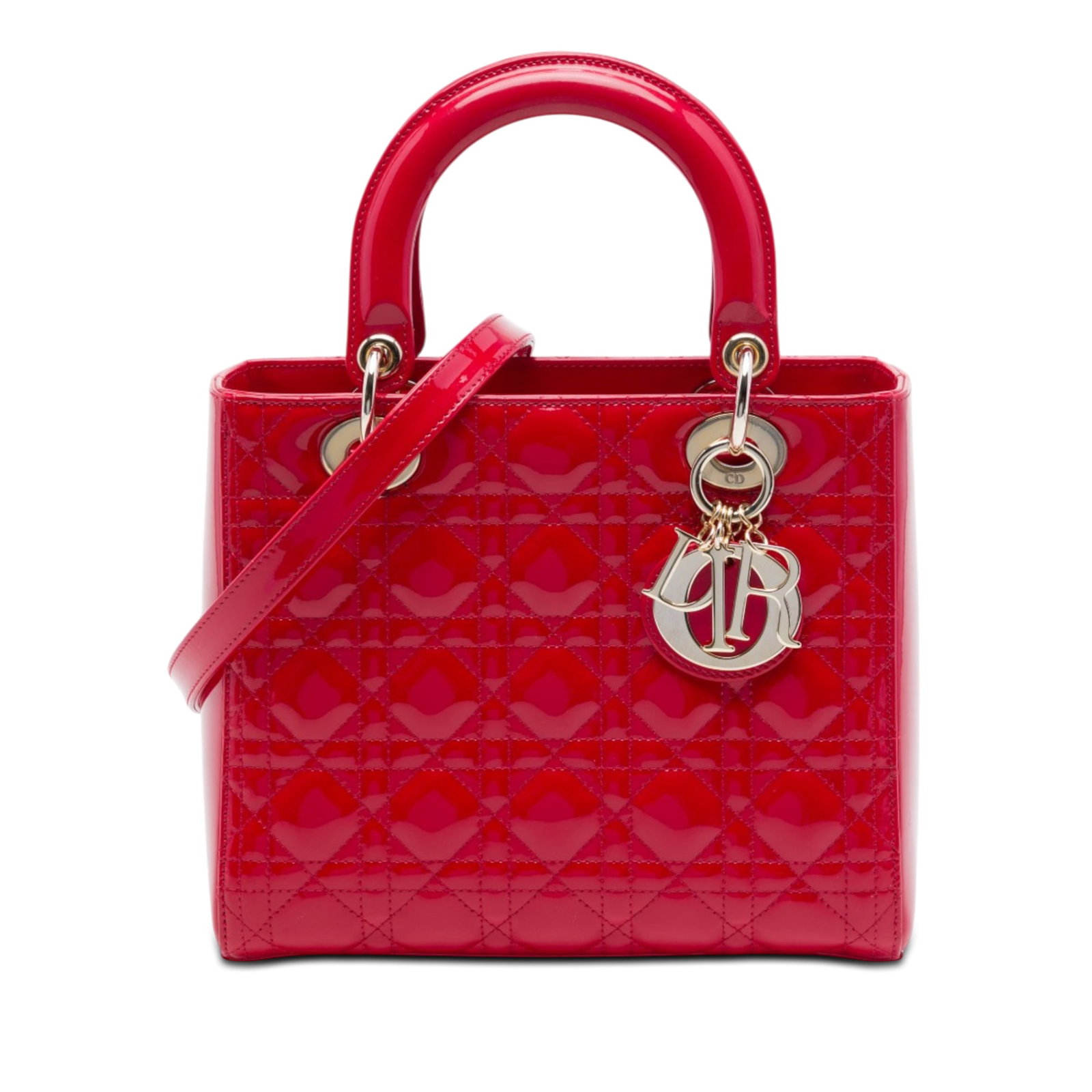 Dior Lady Dior Medium Red Patent Leather Cannage Bag: Dior Lady Dior Medium Red Patent Leather Cannage Bag This medium Lady Dior bag features the signature Cannage design in red patent leather with flat top handles, a detachable flat leather strap, a top