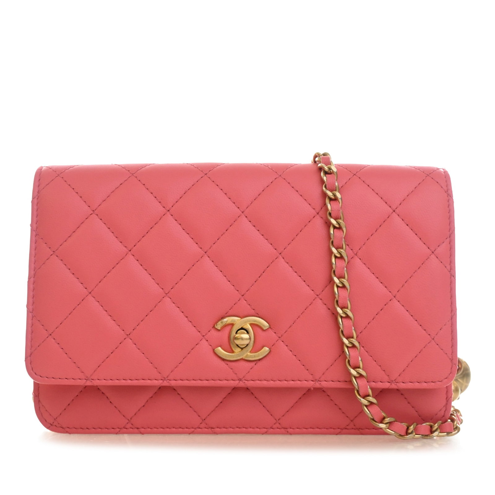 Chanel Pearl Crush CC Lambskin Wallet on Chain Pink: Chanel Pearl Crush CC Lambskin Wallet on Chain Pink A Chanel Pearl Crush wallet on chain crafted in pink quilted lambskin leather. This compact bag features a leather-woven chain strap with ball detai