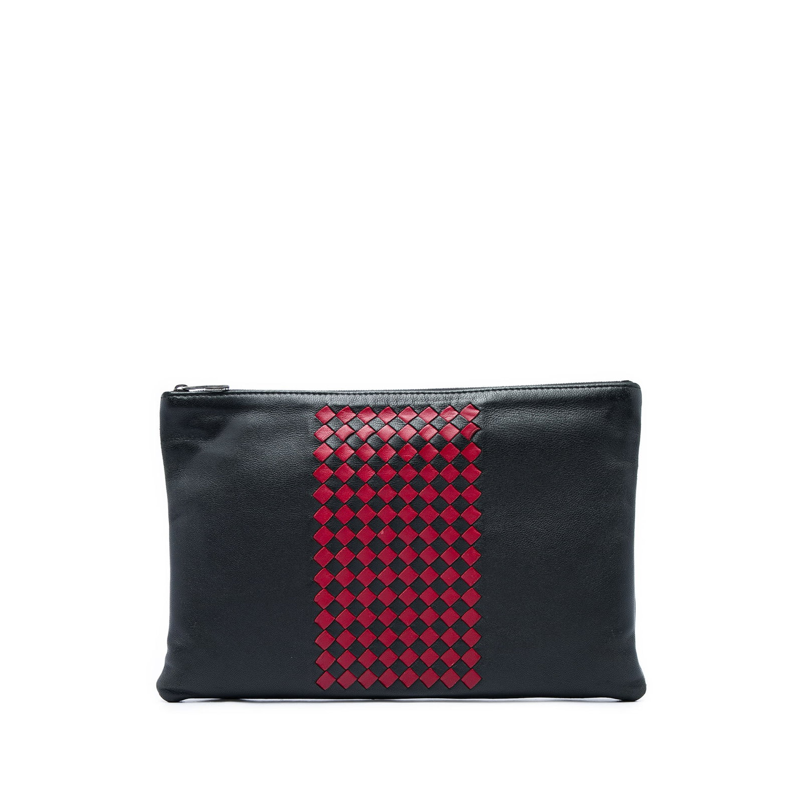Bottega Veneta Intrecciato Bicolor Nappa Leather Zip Clutch: Bottega Veneta Intrecciato Bicolor Nappa Leather Zip Clutch Bottega Veneta clutch in black bicolor nappa leather with Intrecciato woven trim and a top zip closure. Made in Italy, this piece has a soft