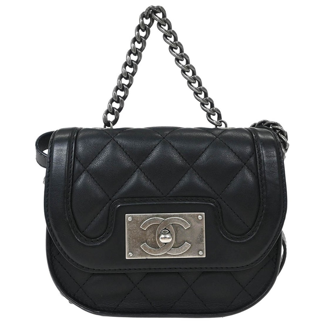 CHANEL Quilted 2way Shoulder Bag Black Calfskin Turn Lock: CHANEL Quilted 2way Shoulder Bag Black Calfskin Turn Lock Chanel 2way handbag in black calfskin with a turn-lock closure, logo accents, and a chain strap. This women's shoulder bag is made in Italy an