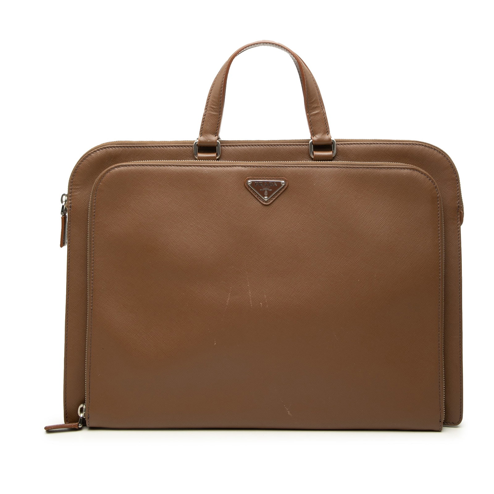 Prada Saffiano Leather Business Bag Brown Italy: Prada Saffiano Leather Business Bag Brown Italy Prada Saffiano Business Bag crafted in brown saffiano leather with flat leather handles, a front exterior zip compartment, top zip closure, and an inter
